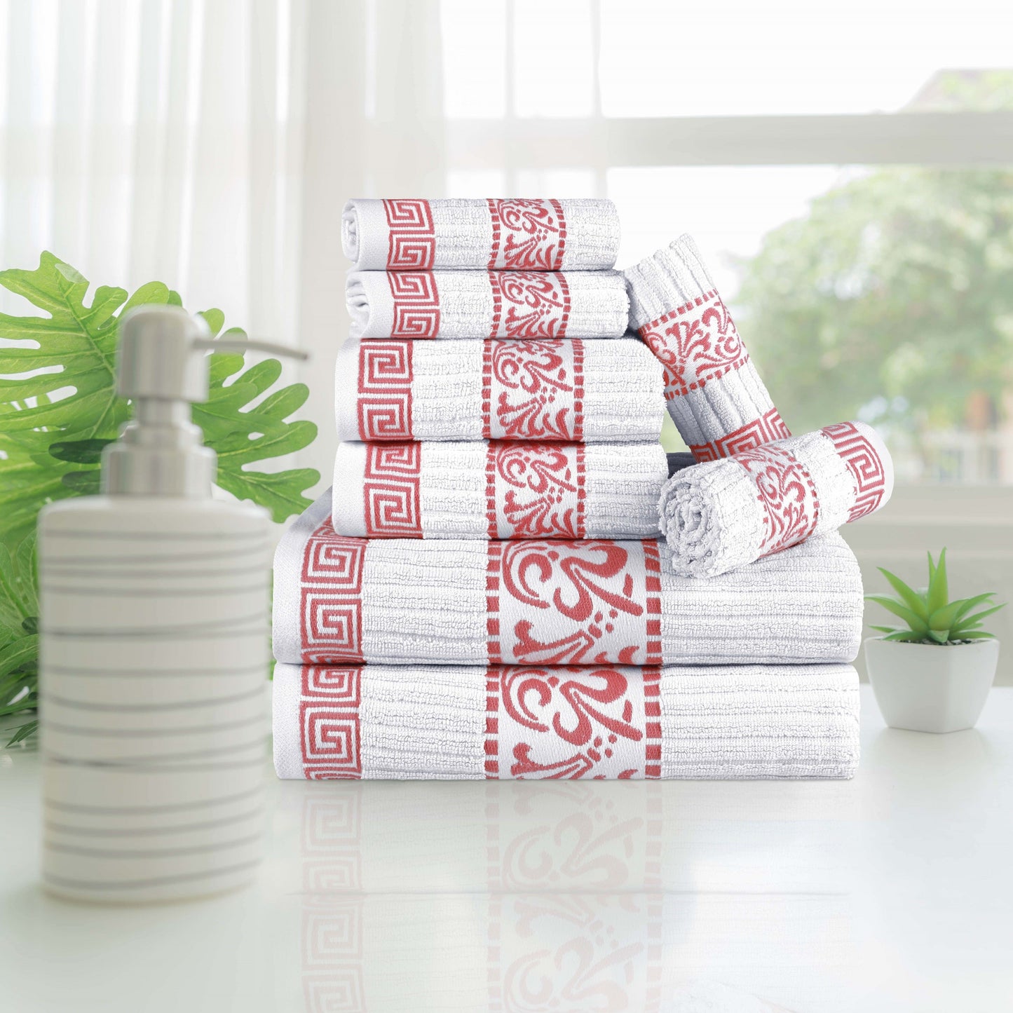 Superior Athens Cotton Greek Key Trim 8 Piece Towel Set - White-Coral