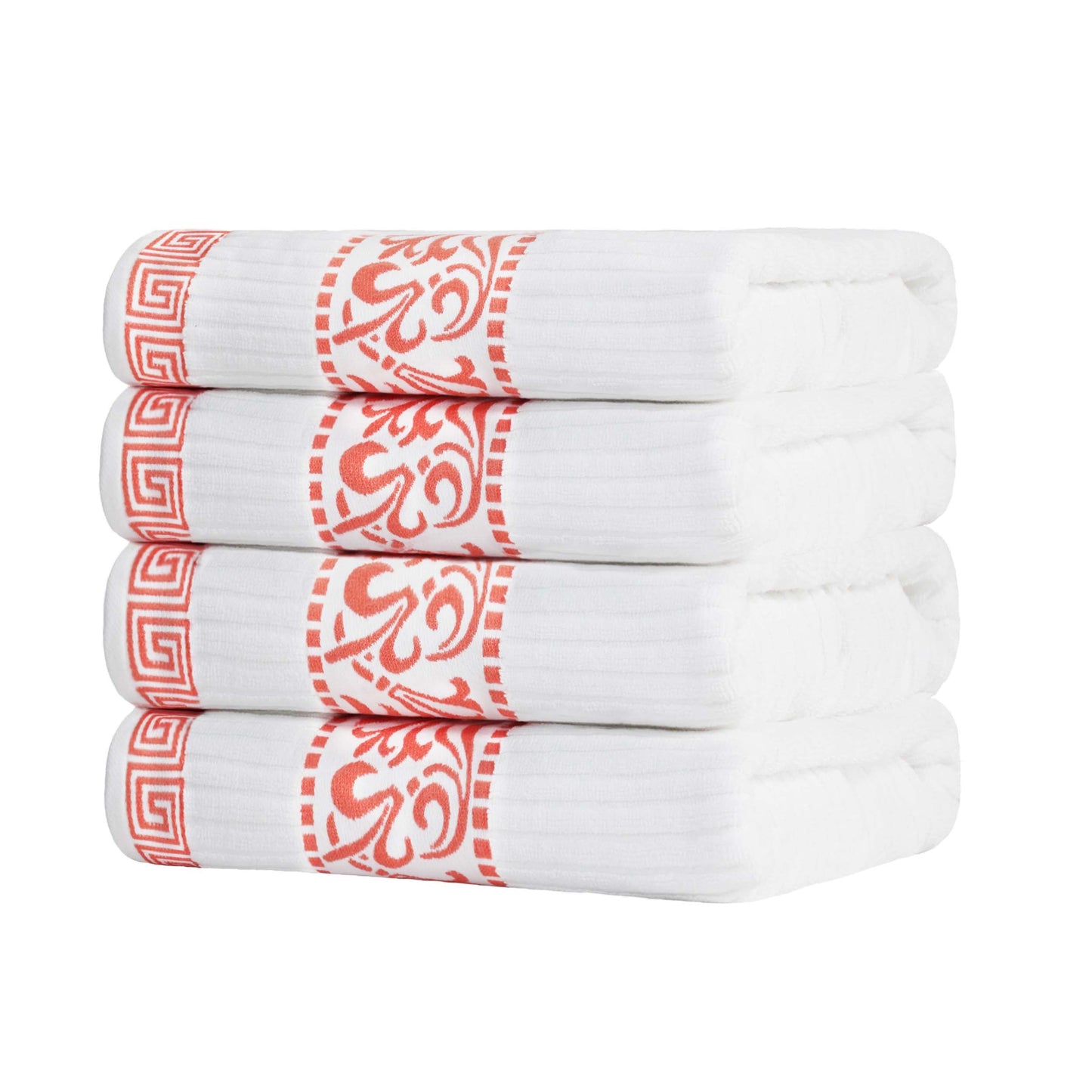 Athens Cotton Greek Key Trim Bath Towel Set of 4 - White-Coral
