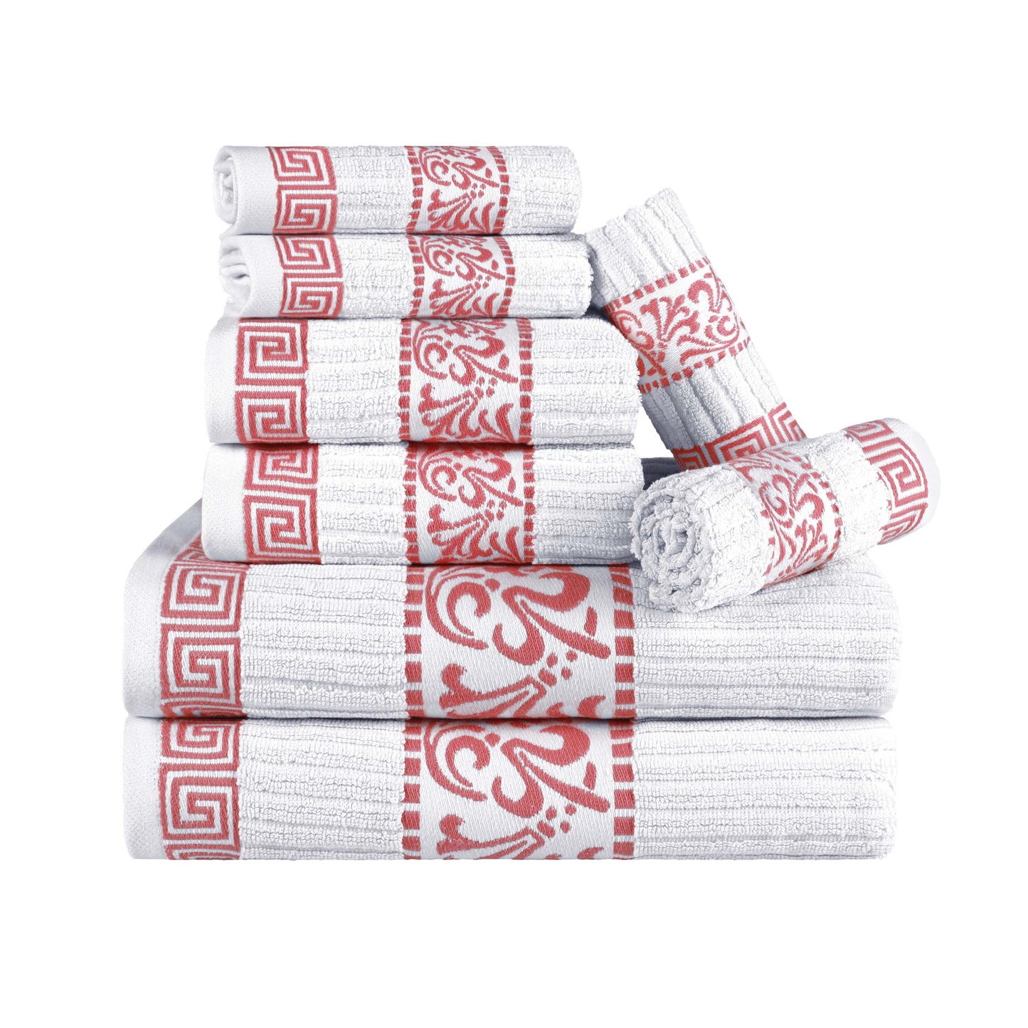 Superior Athens Cotton Greek Key Trim 8 Piece Towel Set - White-Coral