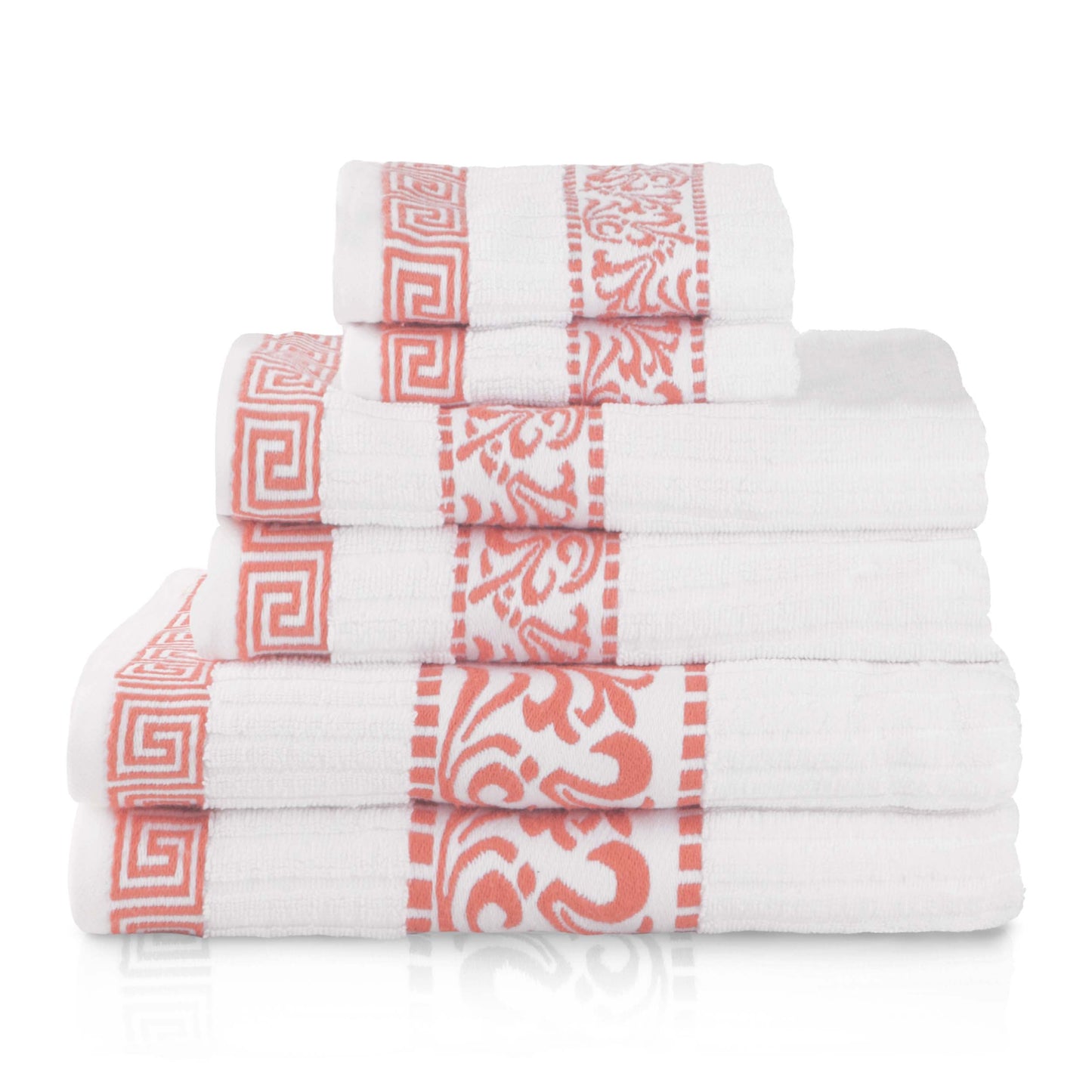 Athens Cotton Medium Weight Floral Greek Key Trim 6 Piece Towel Set - White-Coral