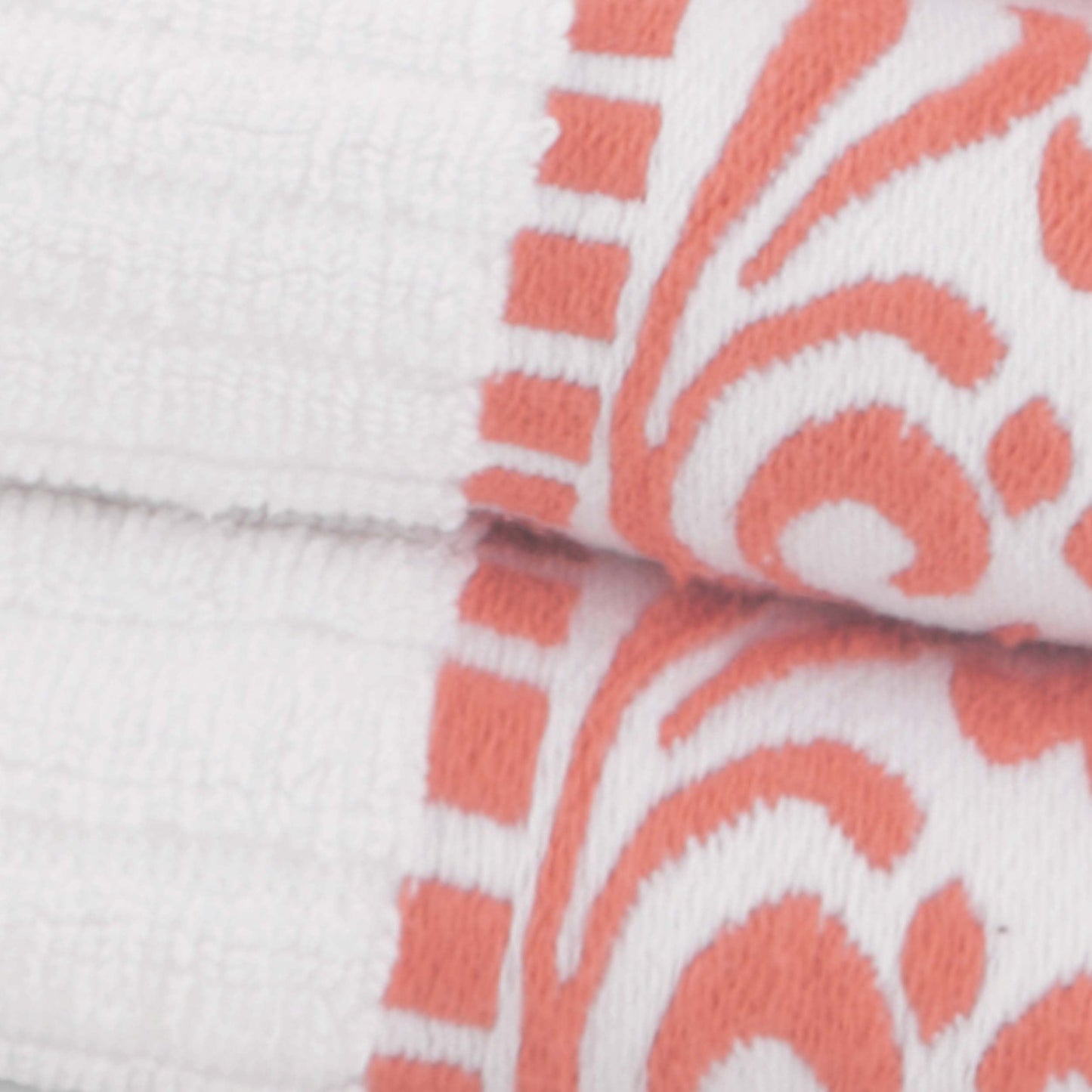 Athens Cotton Medium Weight Floral Greek Key Trim 6 Piece Towel Set - White-Coral