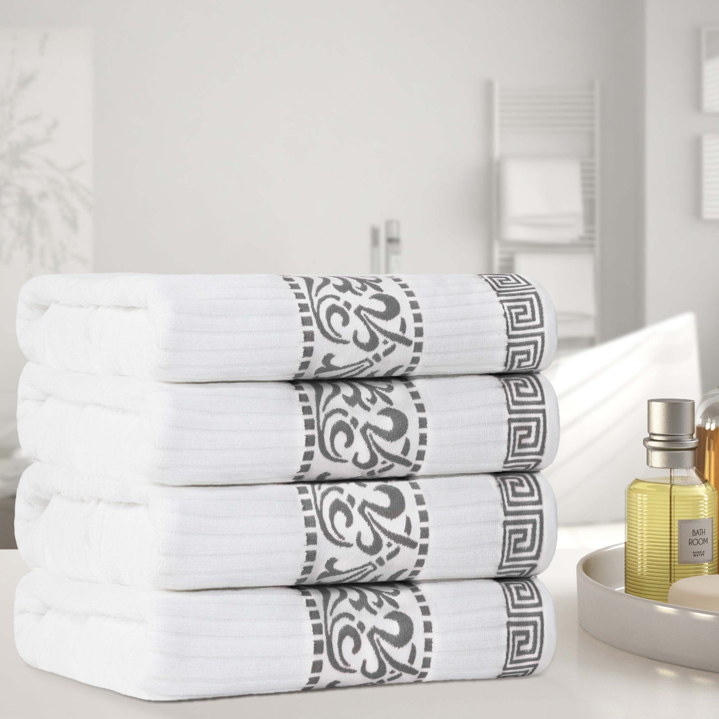 Athens Cotton Greek Key Trim Bath Towel Set of 4 - White-Gray