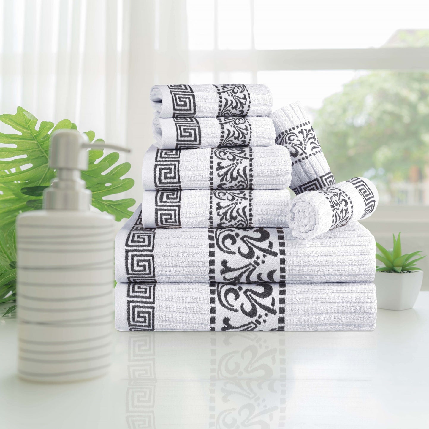 Superior Athens Cotton Greek Key Trim 8 Piece Towel Set - White-Gray