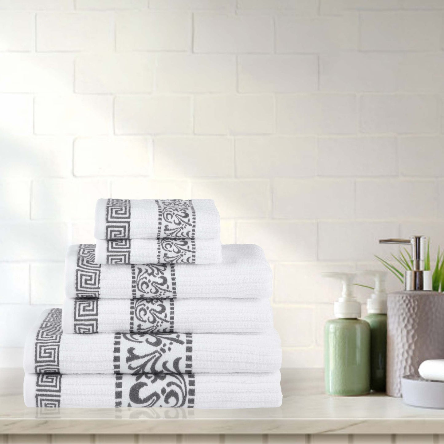 Athens Cotton Medium Weight Floral Greek Key Trim 6 Piece Towel Set - White-Gray