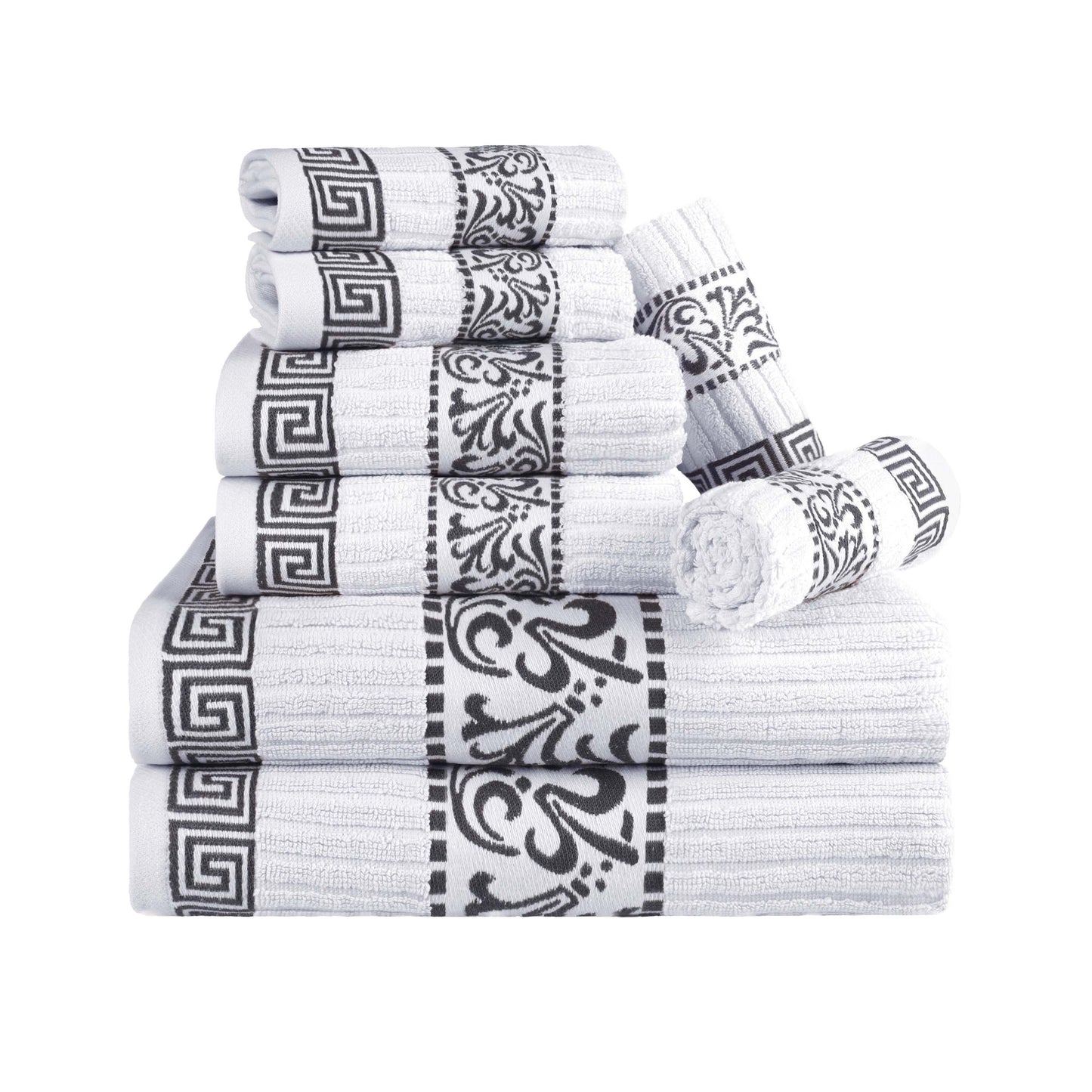 Superior Athens Cotton Greek Key Trim 8 Piece Towel Set - White-Gray