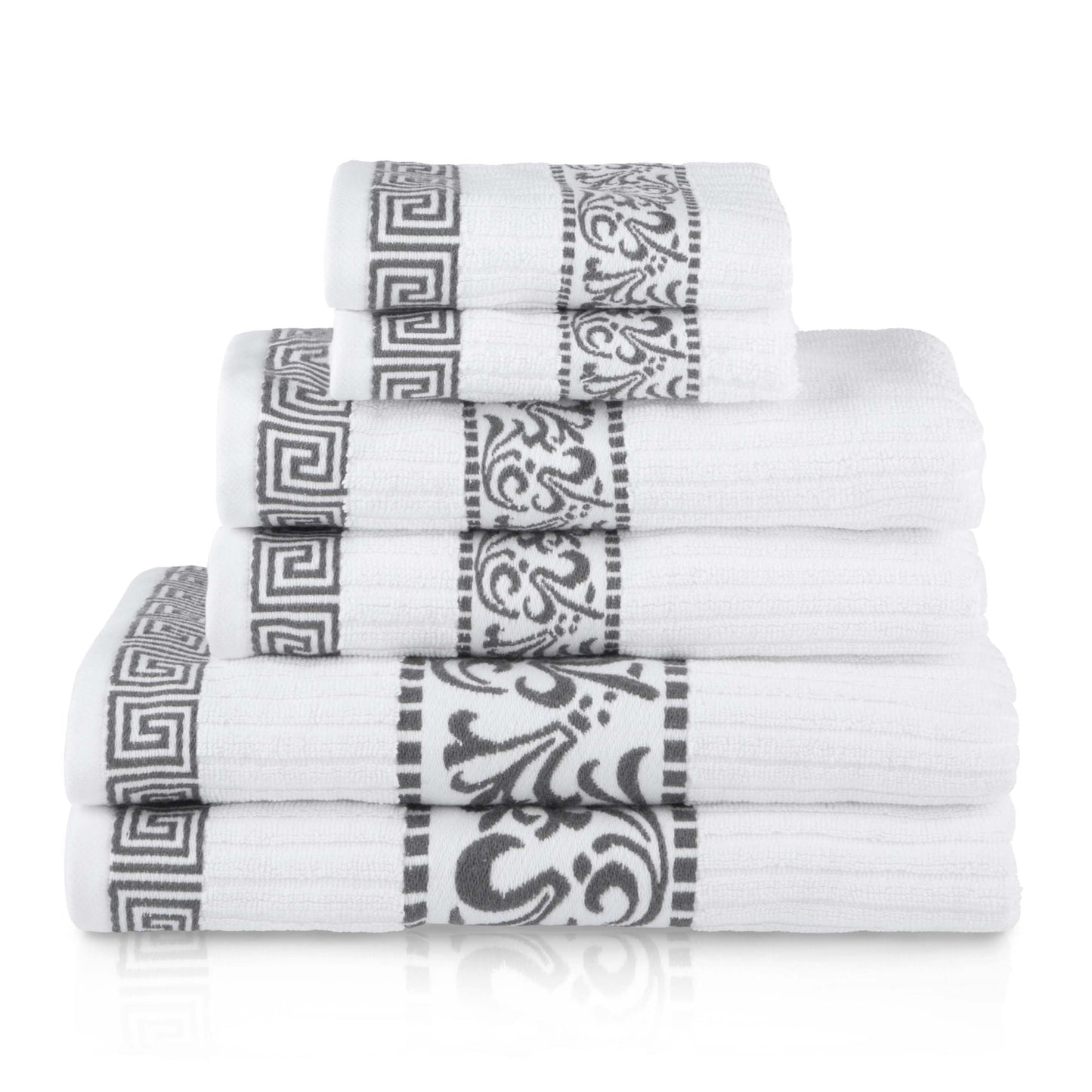 Athens Cotton Medium Weight Floral Greek Key Trim 6 Piece Towel Set - White-Gray