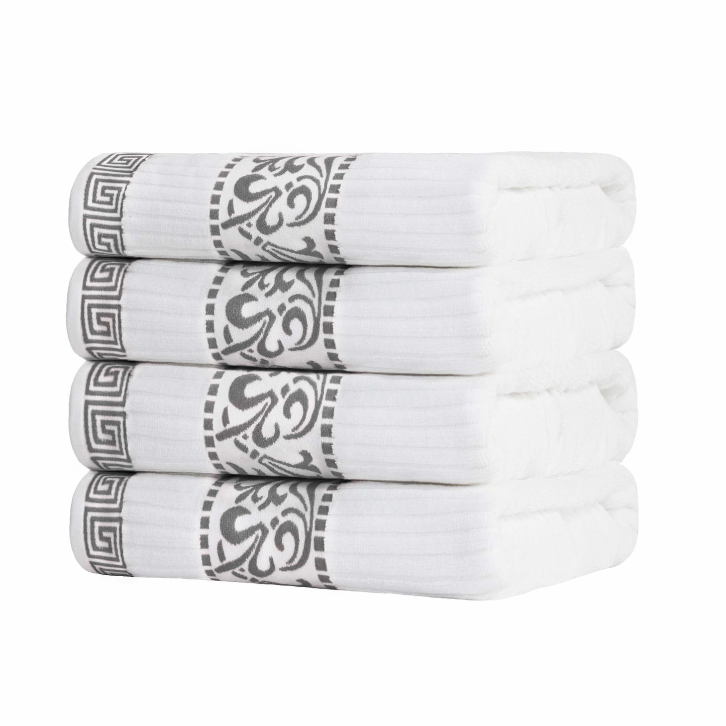 Athens Cotton Greek Key Trim Bath Towel Set of 4 - White-Gray
