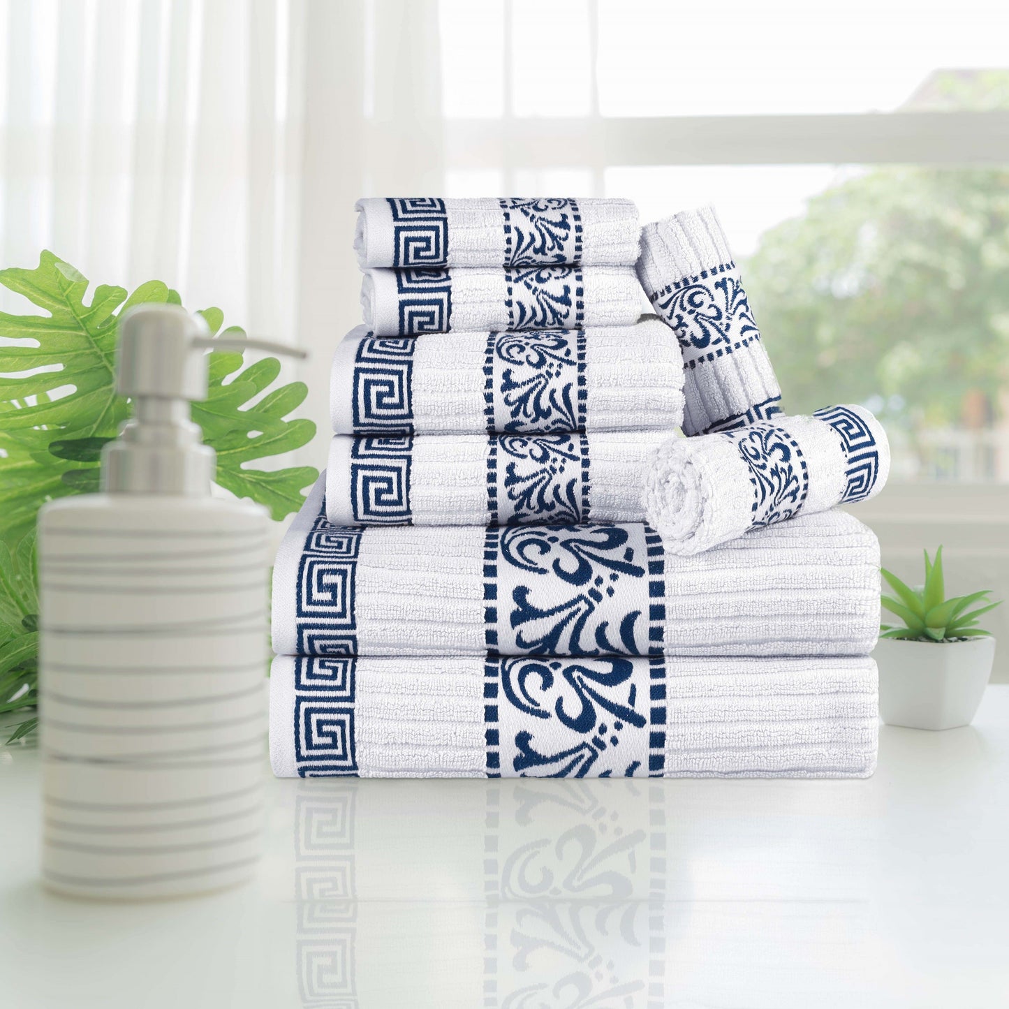 Superior Athens Cotton Greek Key Trim 8 Piece Towel Set - White-NavyBlue
