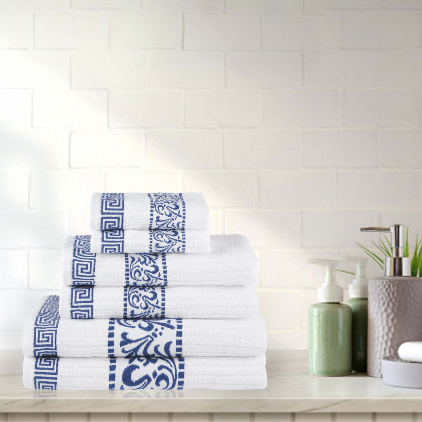 Athens Cotton Medium Weight Floral Greek Key Trim 6 Piece Towel Set - White-NavyBlue