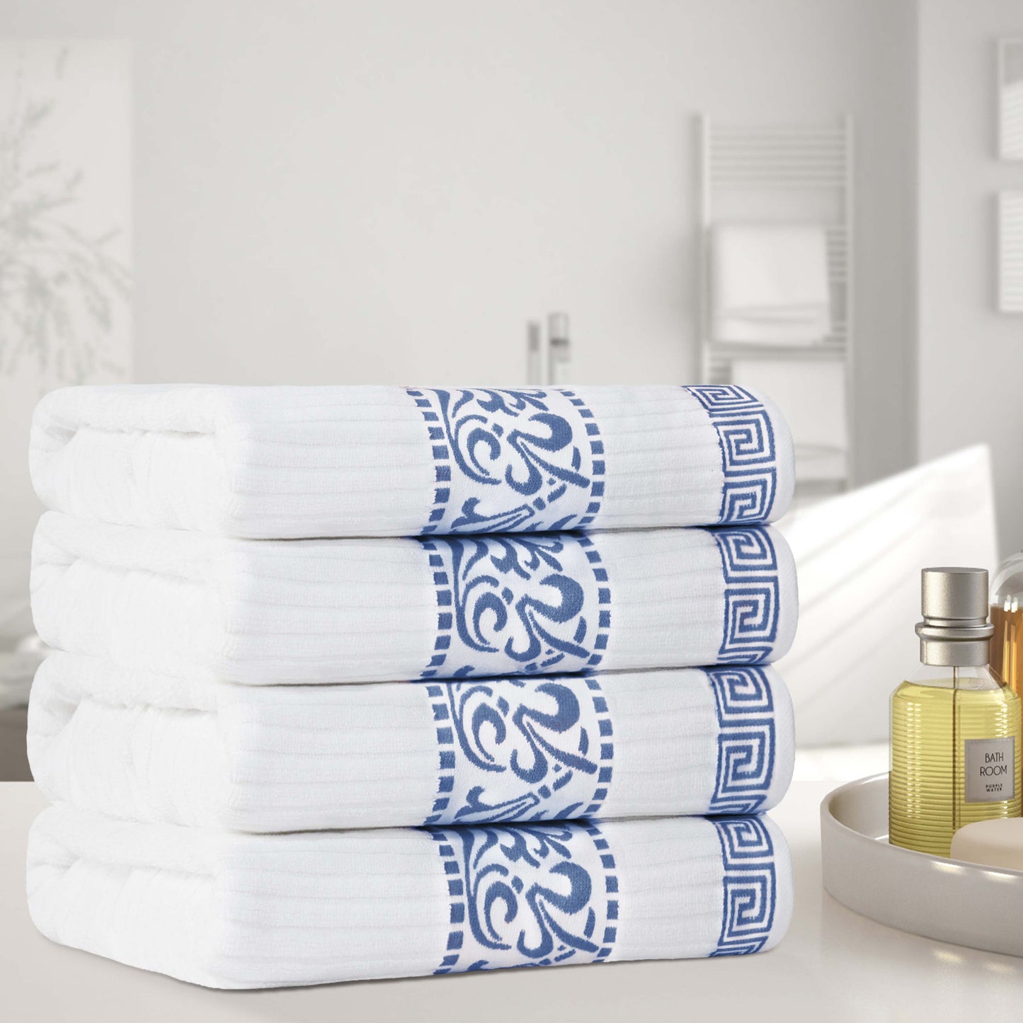 Athens Cotton Greek Key Trim Bath Towel Set of 4 - White-NavyBlue