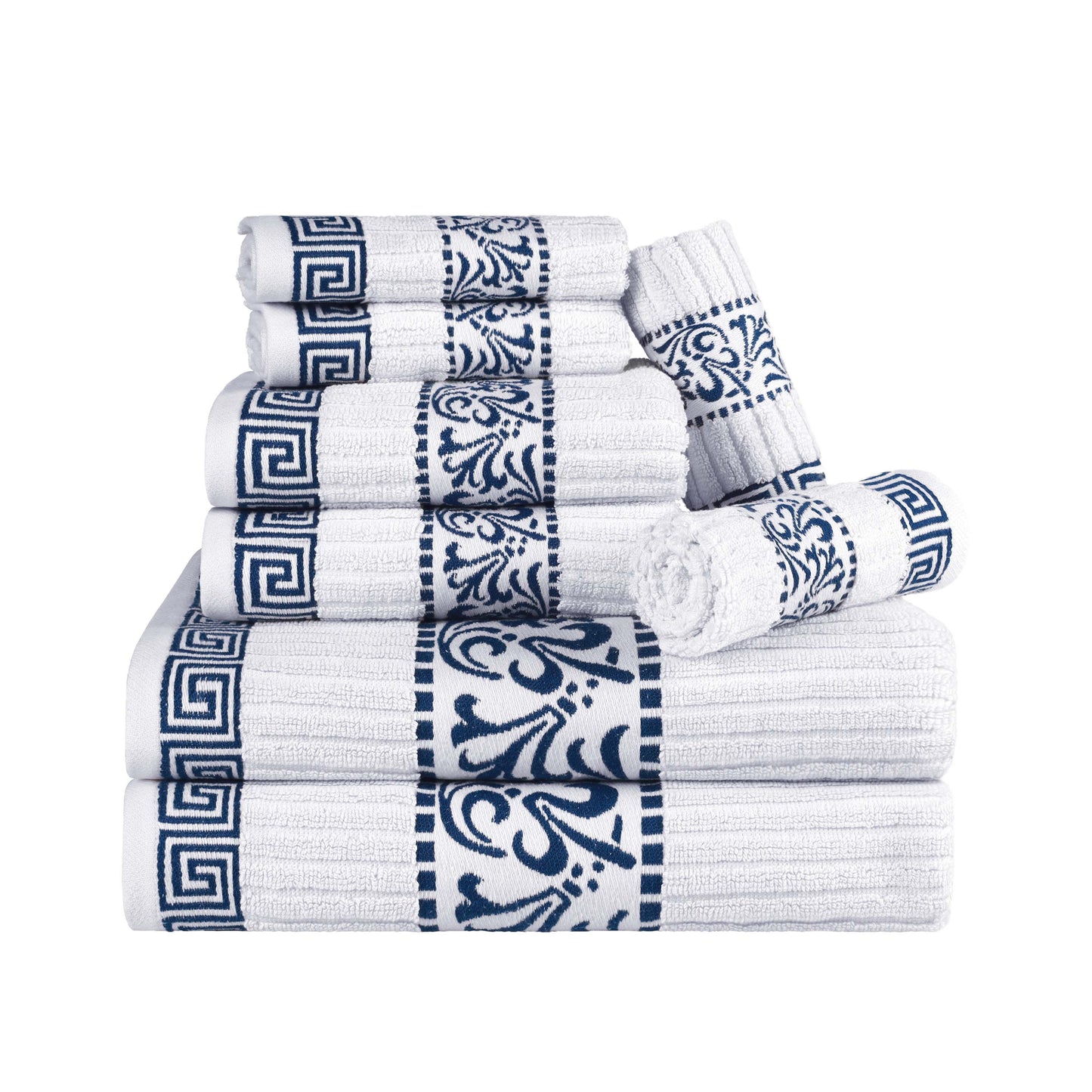 Superior Athens Cotton Greek Key Trim 8 Piece Towel Set - White-NavyBlue