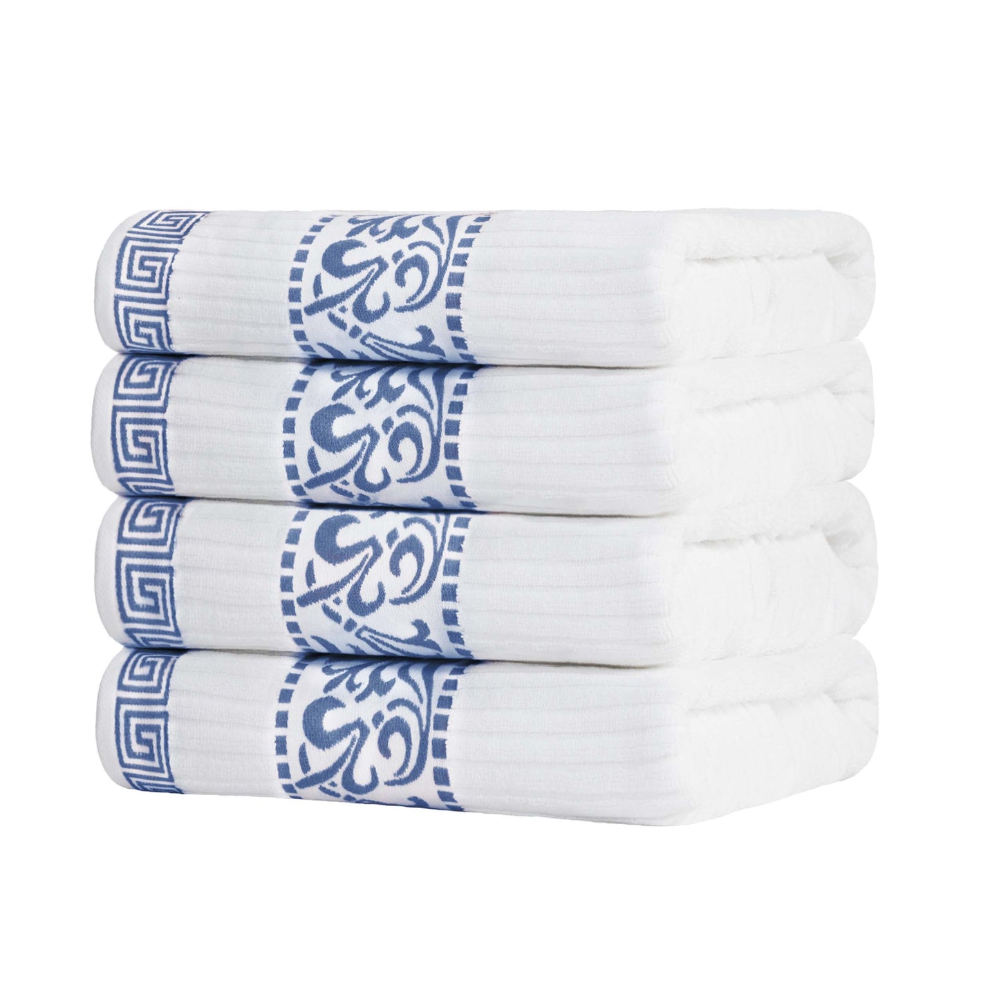 Athens Cotton Greek Key Trim Bath Towel Set of 4 - White-NavyBlue
