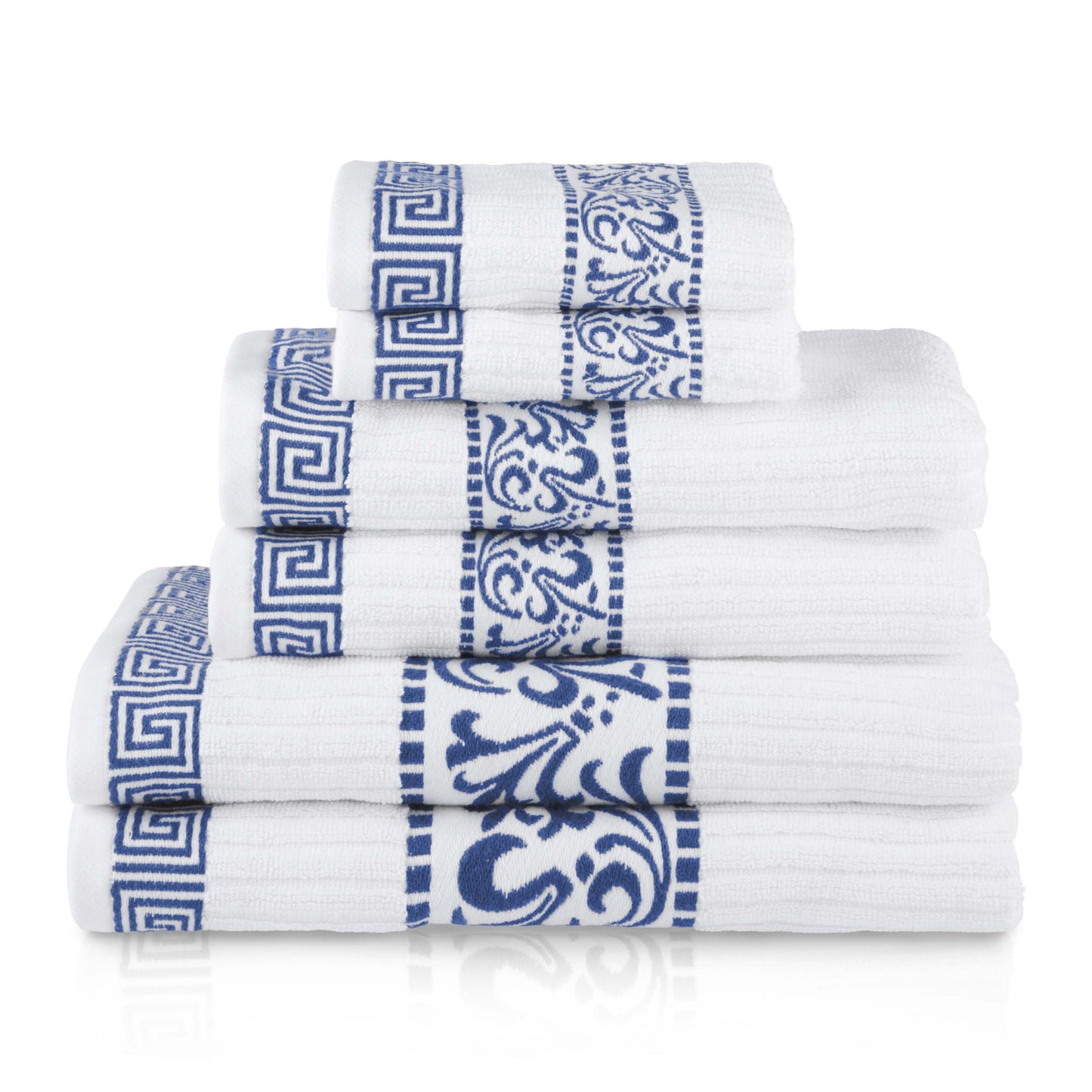Athens Cotton Medium Weight Floral Greek Key Trim 6 Piece Towel Set - White-NavyBlue