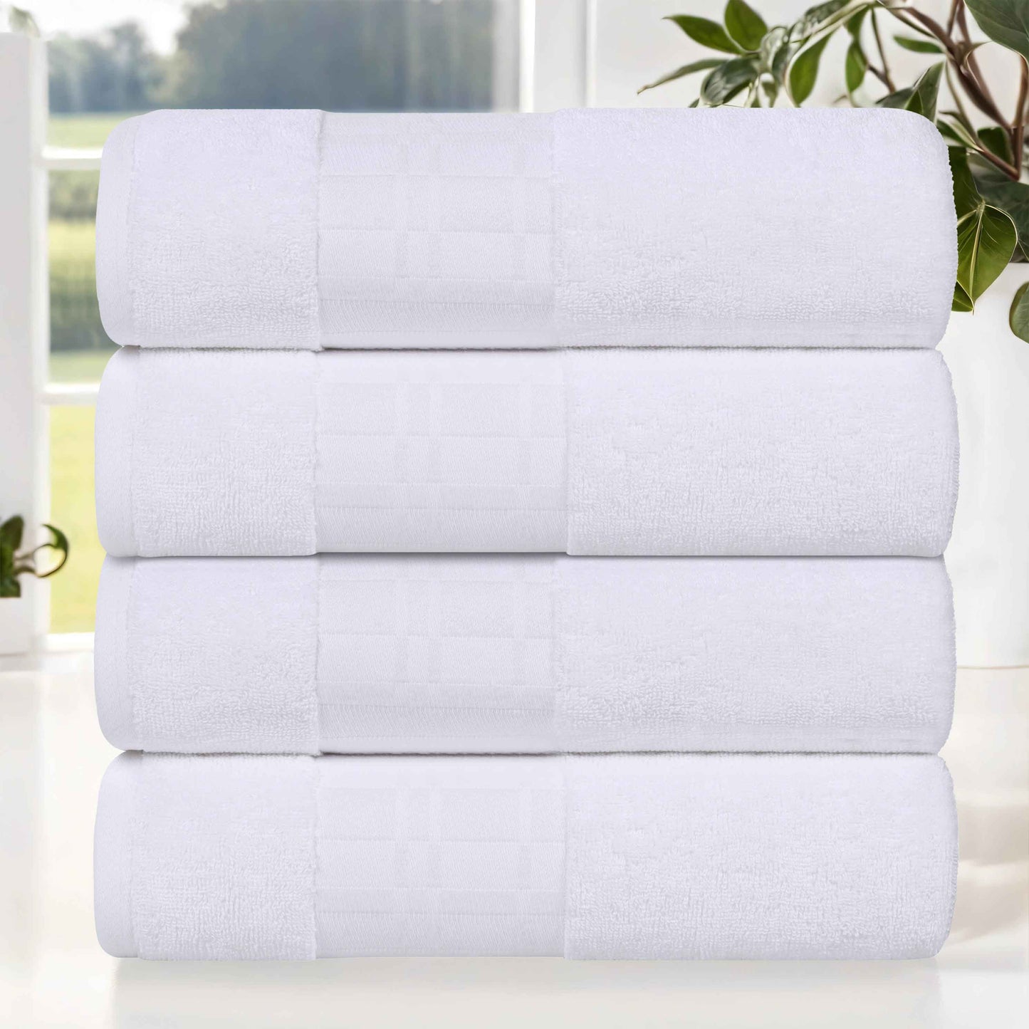 Larissa Cotton Geometric Border Bath Towel Set of 4 - White-White