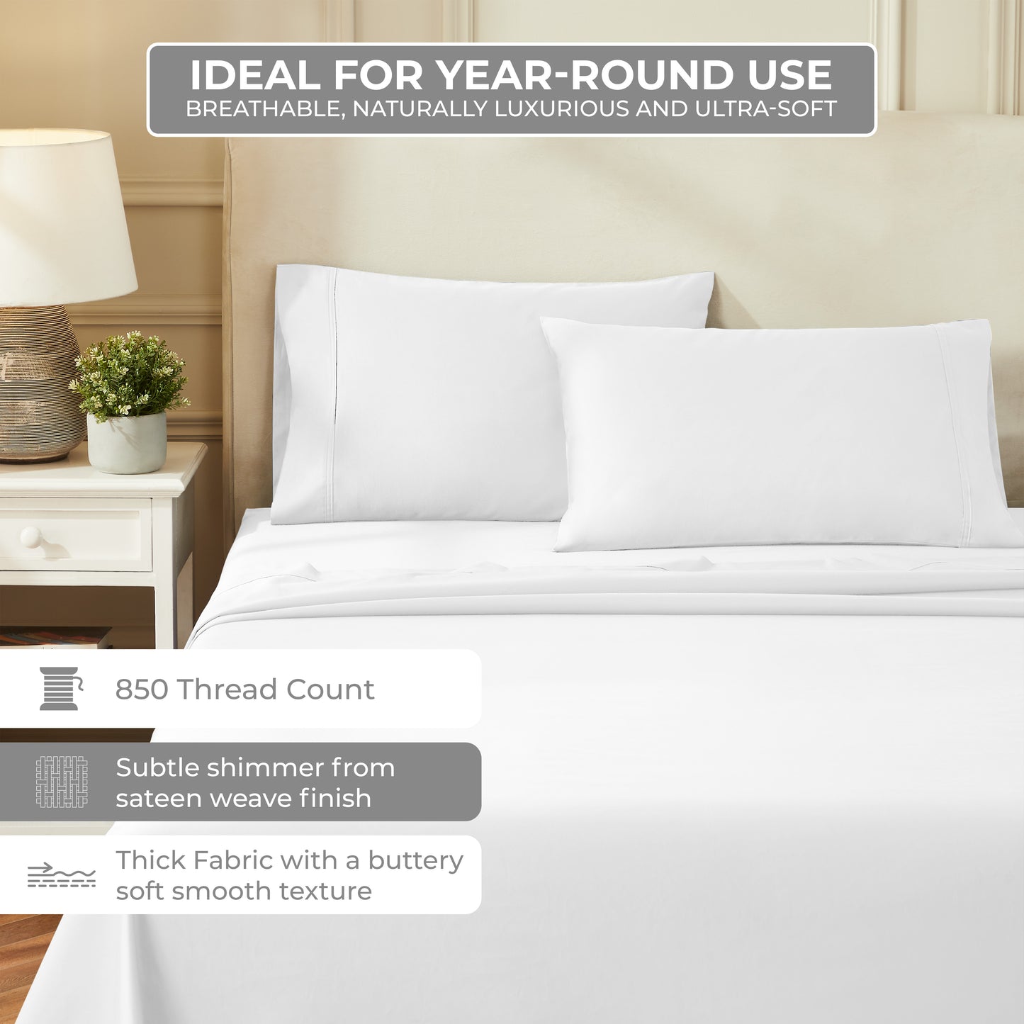 850 Thread Count Cotton Solid Luxury Pillowcases, Set of 2