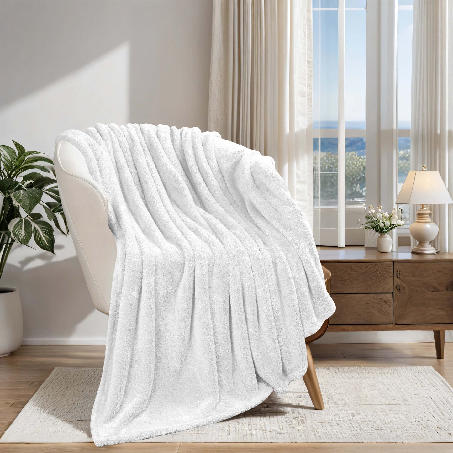 Fleece Plush Medium Weight Fluffy Soft Solid Decorative Blanket - White
