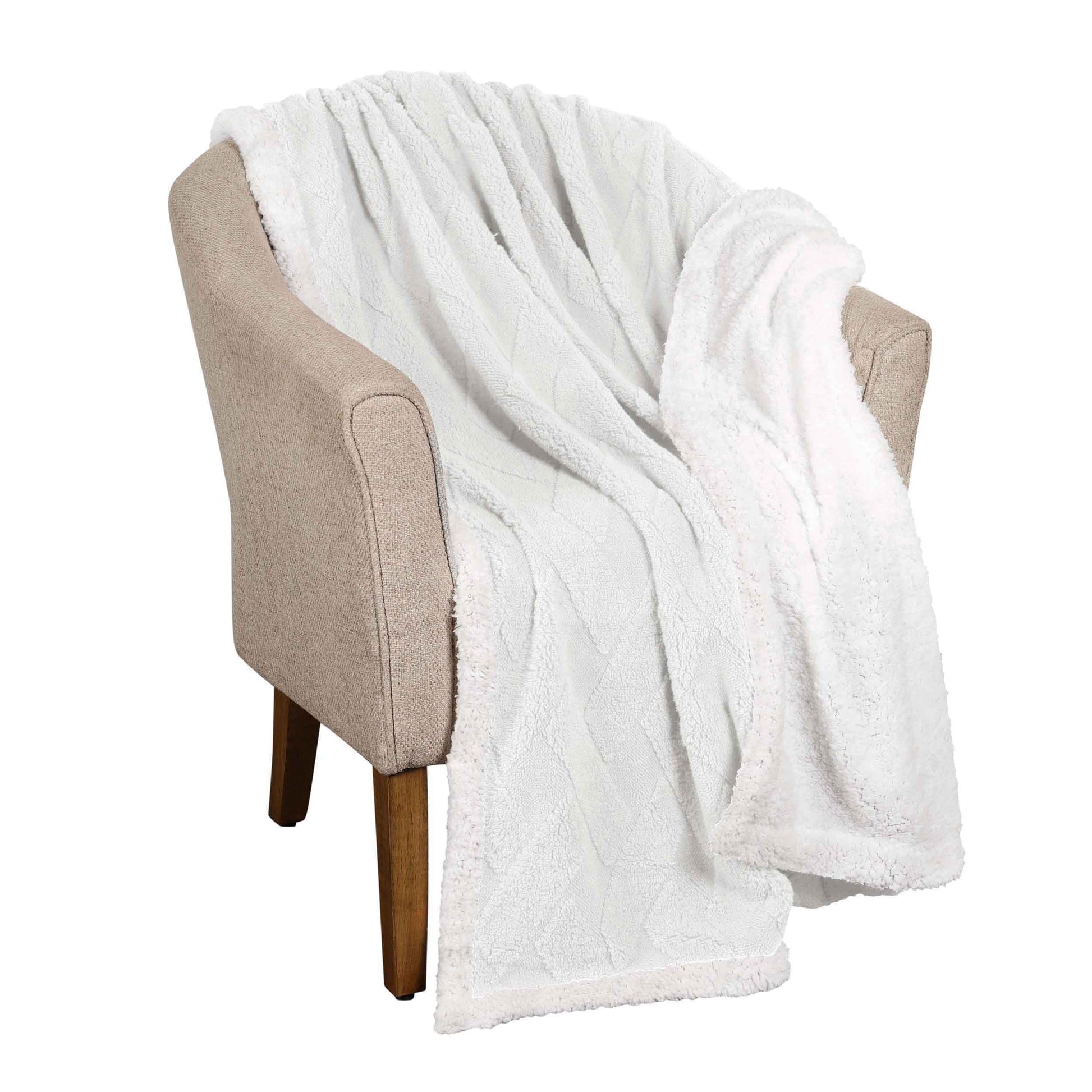 Nuuk Jacquard Lattice Fleece Plush Fluffy Sherpa Reversible Blanket - White