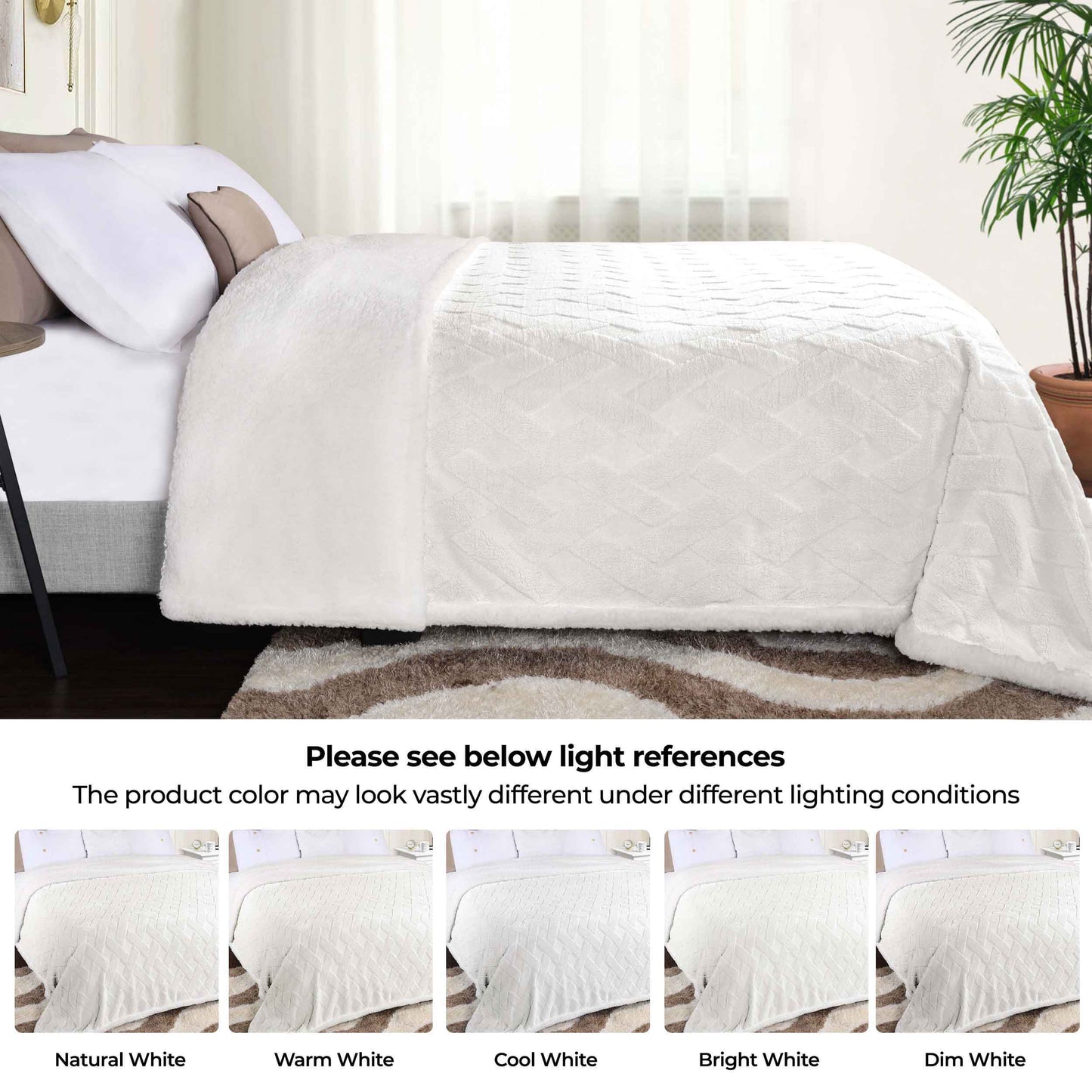 Nuuk Jacquard Lattice Fleece Plush Fluffy Sherpa Reversible Blanket - White