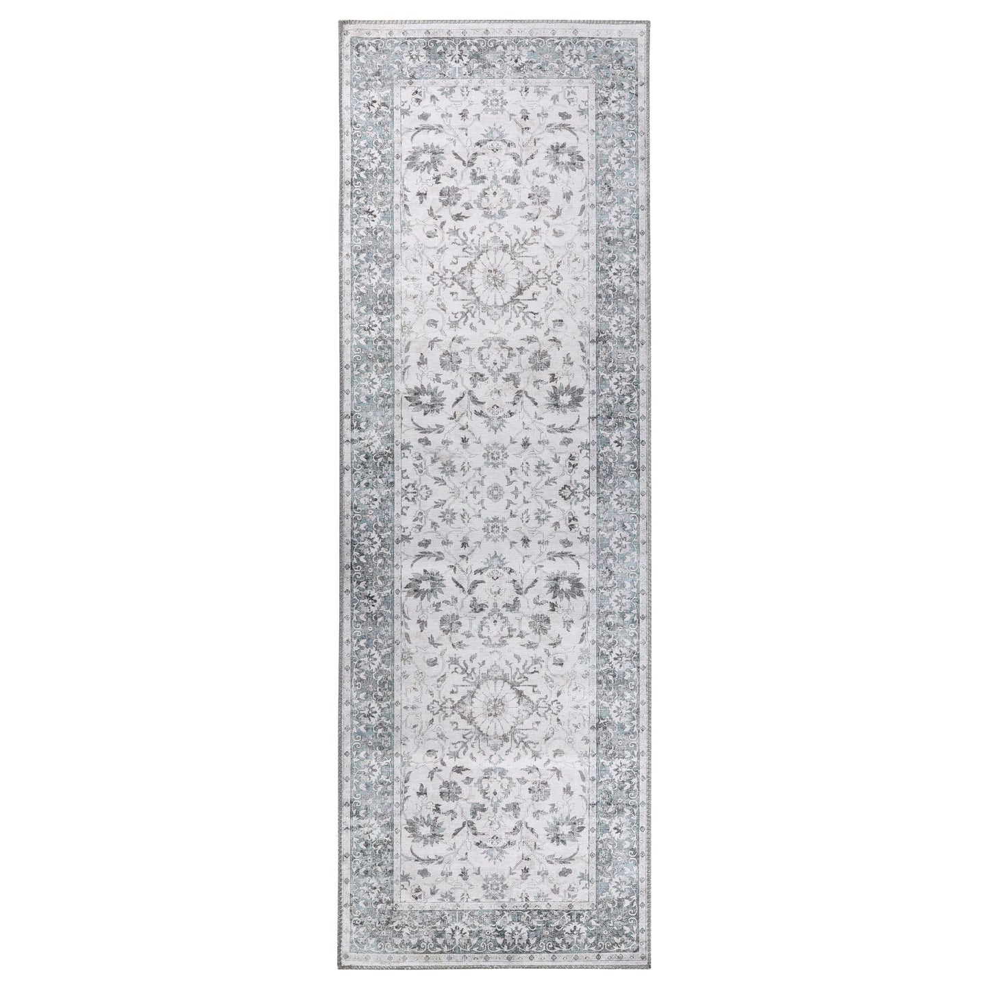 Agra Floral Scroll Border Washable Indoor Area Rug or Runner