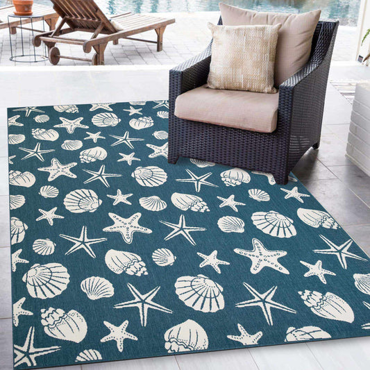 Superior Nautical Seashells and Starfish Coastal Indoor Outdoor Area Rug -Navy Blue