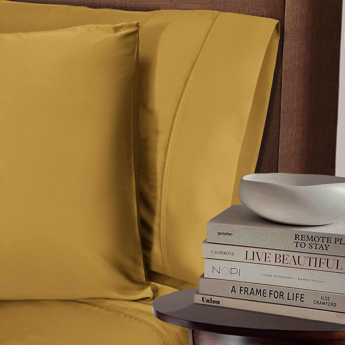 Superior 100% Rayon From Bamboo 300 Thread Count Solid 2 Piece Pillowcase Set - Gold