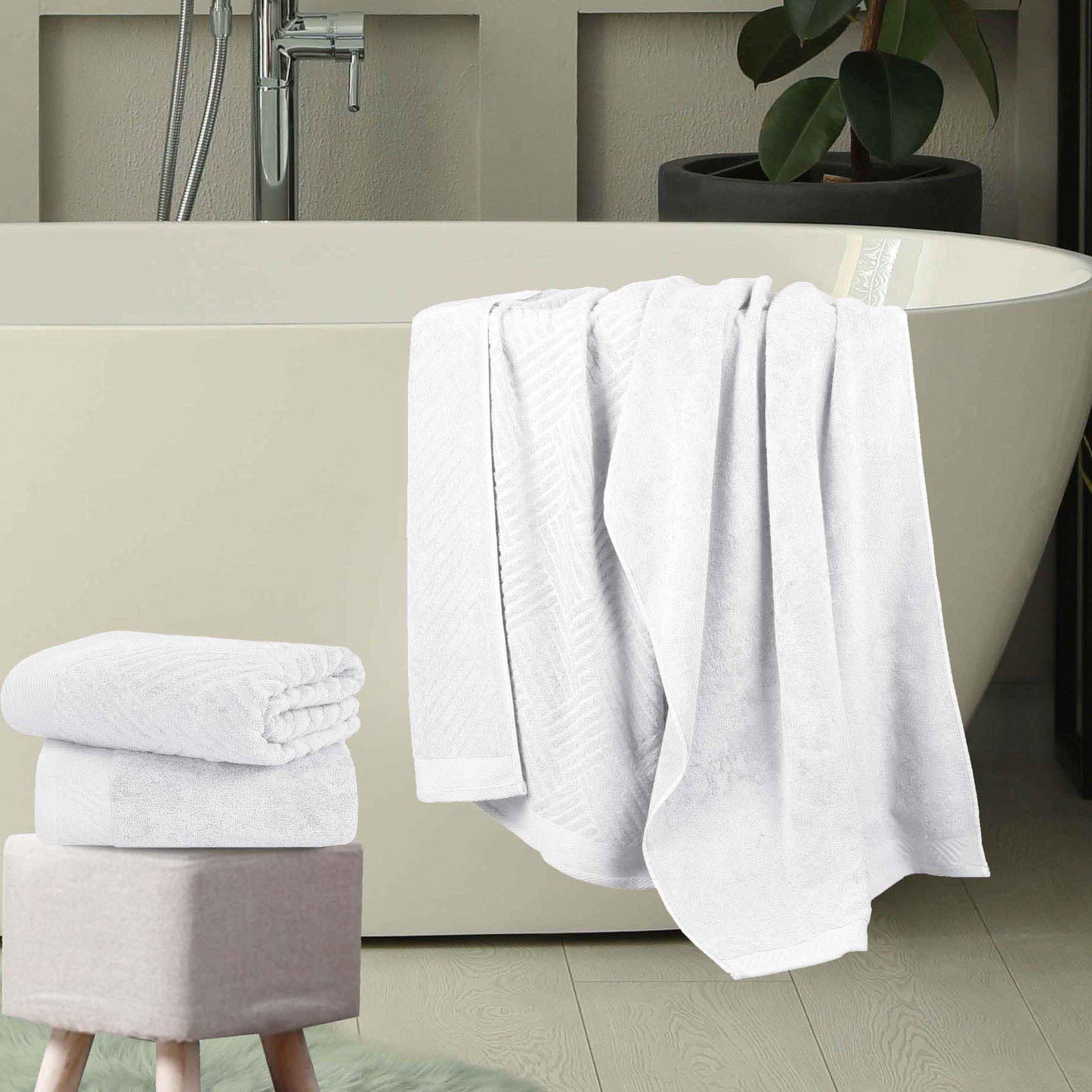 Basketweave Egyptian Cotton Jacquard and Solid Bath Towel Set of 4