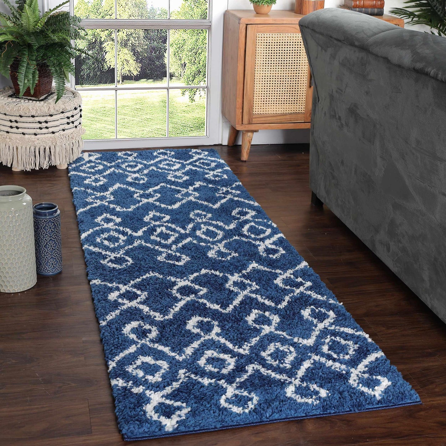 Superior Boho Geometric Diamonds Indoor Plush Shag Area Rug - Cream-Blue
