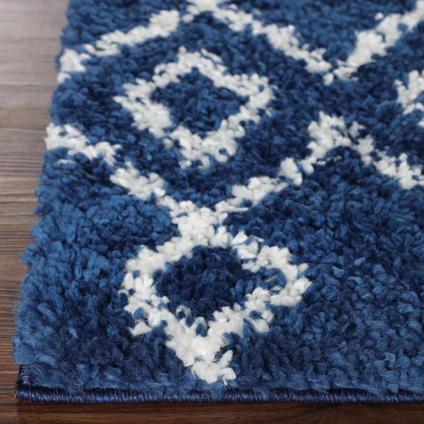 Superior Boho Geometric Diamonds Indoor Plush Shag Area Rug - Cream-Blue