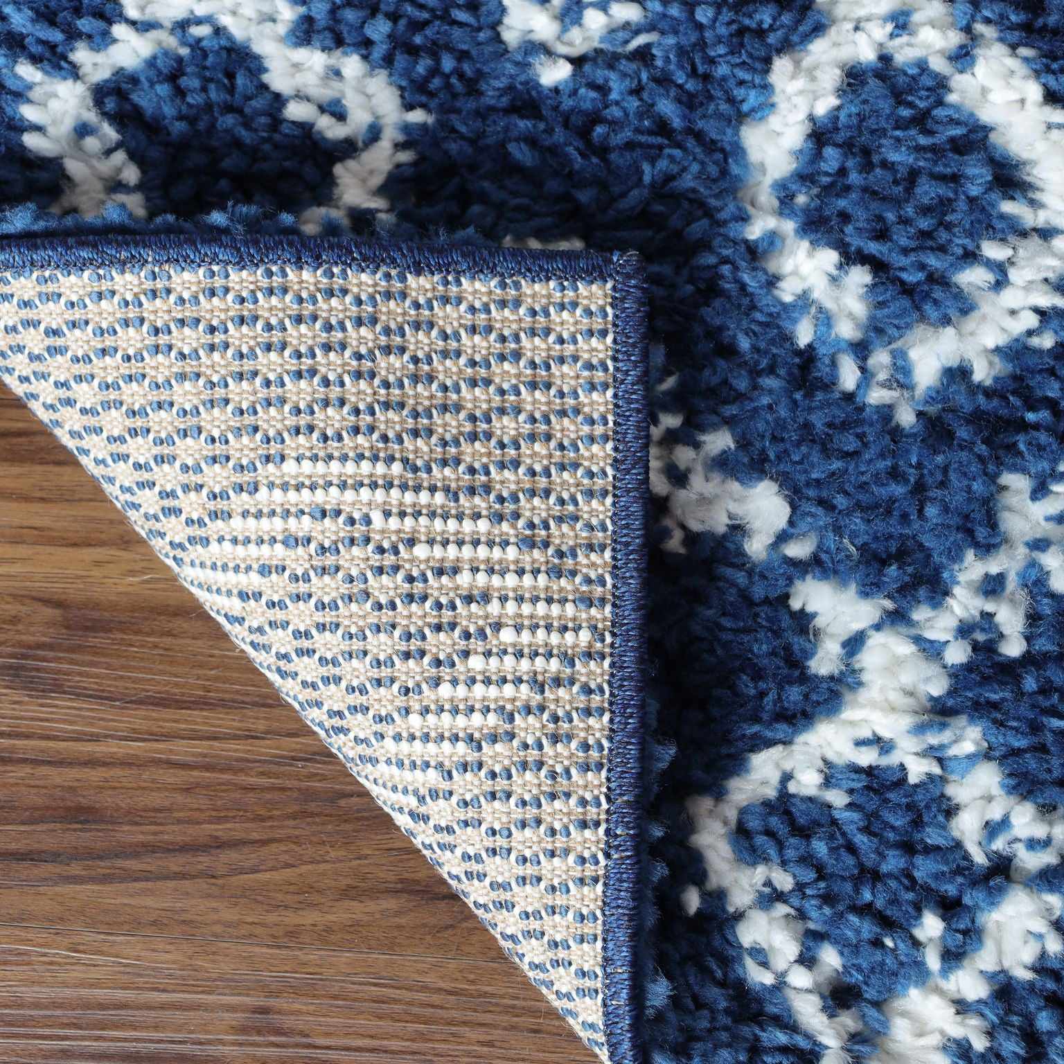 Superior Boho Geometric Diamonds Indoor Plush Shag Area Rug - Cream-Blue