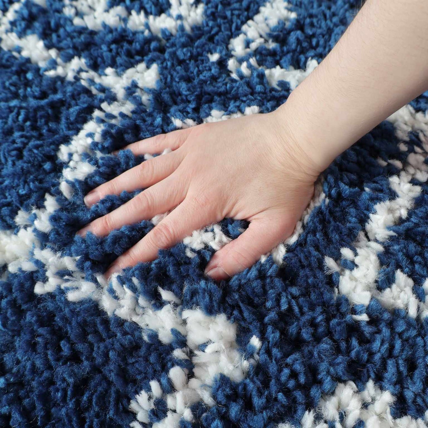 Superior Boho Geometric Diamonds Indoor Plush Shag Area Rug - Cream-Blue