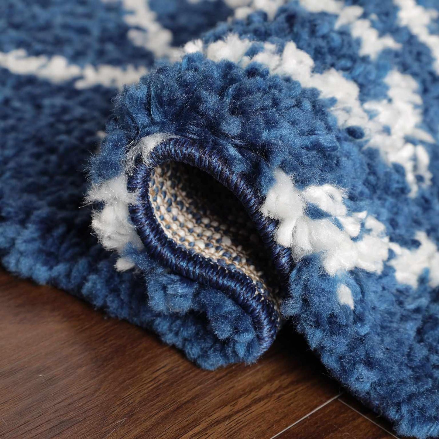 Superior Boho Geometric Diamonds Indoor Plush Shag Area Rug - Cream-Blue