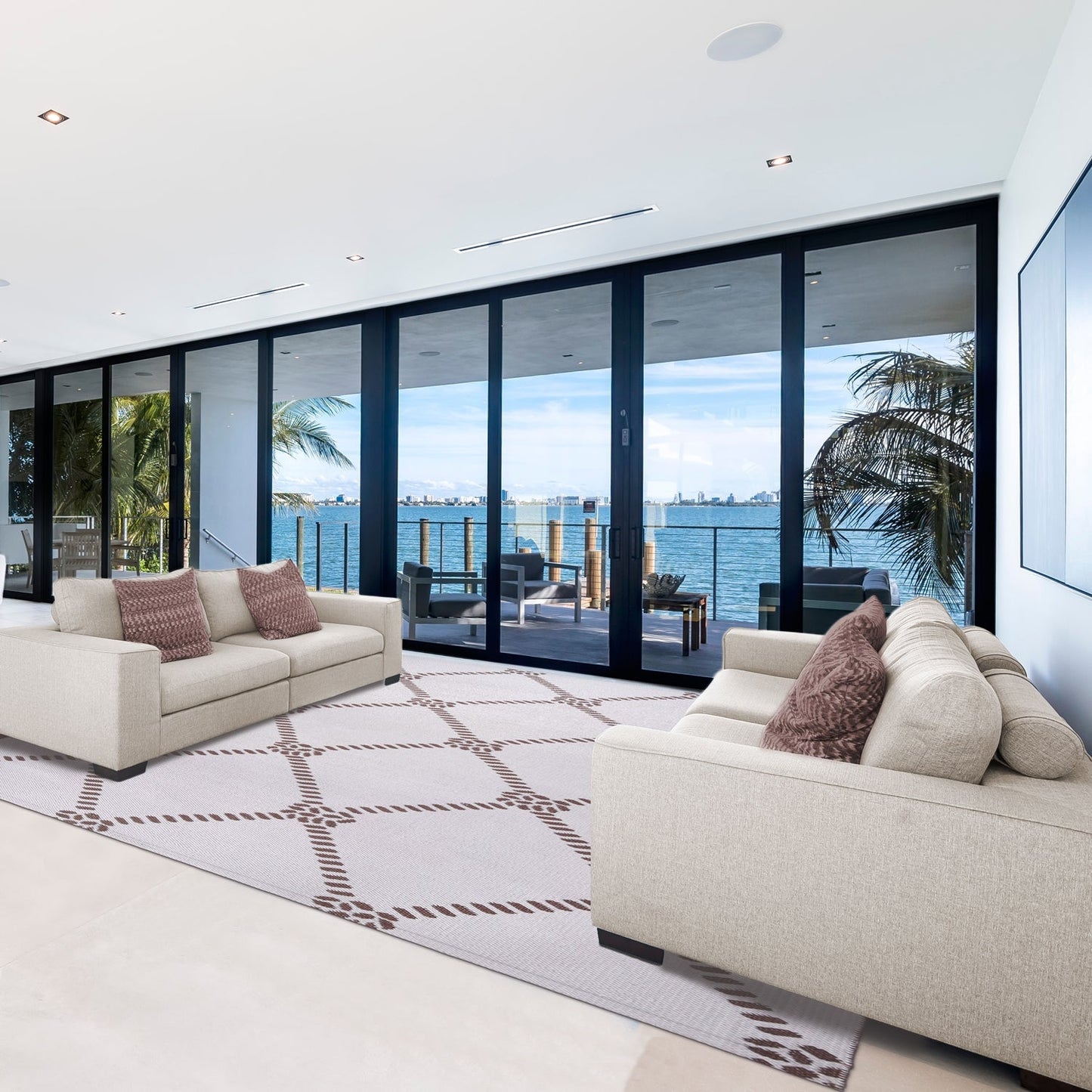 Superior Coastal Geometric Lattice Indoor Outdoor Luxurious Area Rug - Ivory