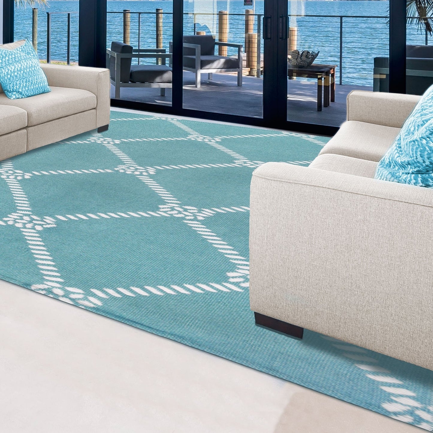 Superior Coastal Geometric Lattice Indoor Outdoor Luxurious Area Rug - Turquoise