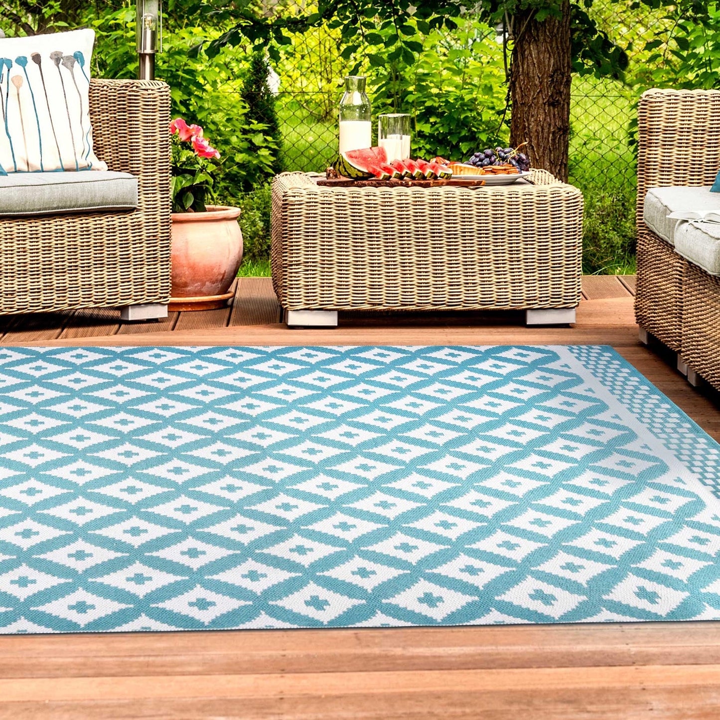 Superior Modern Geometric Lattice Indoor Outdoor Area Rug - Turquoise