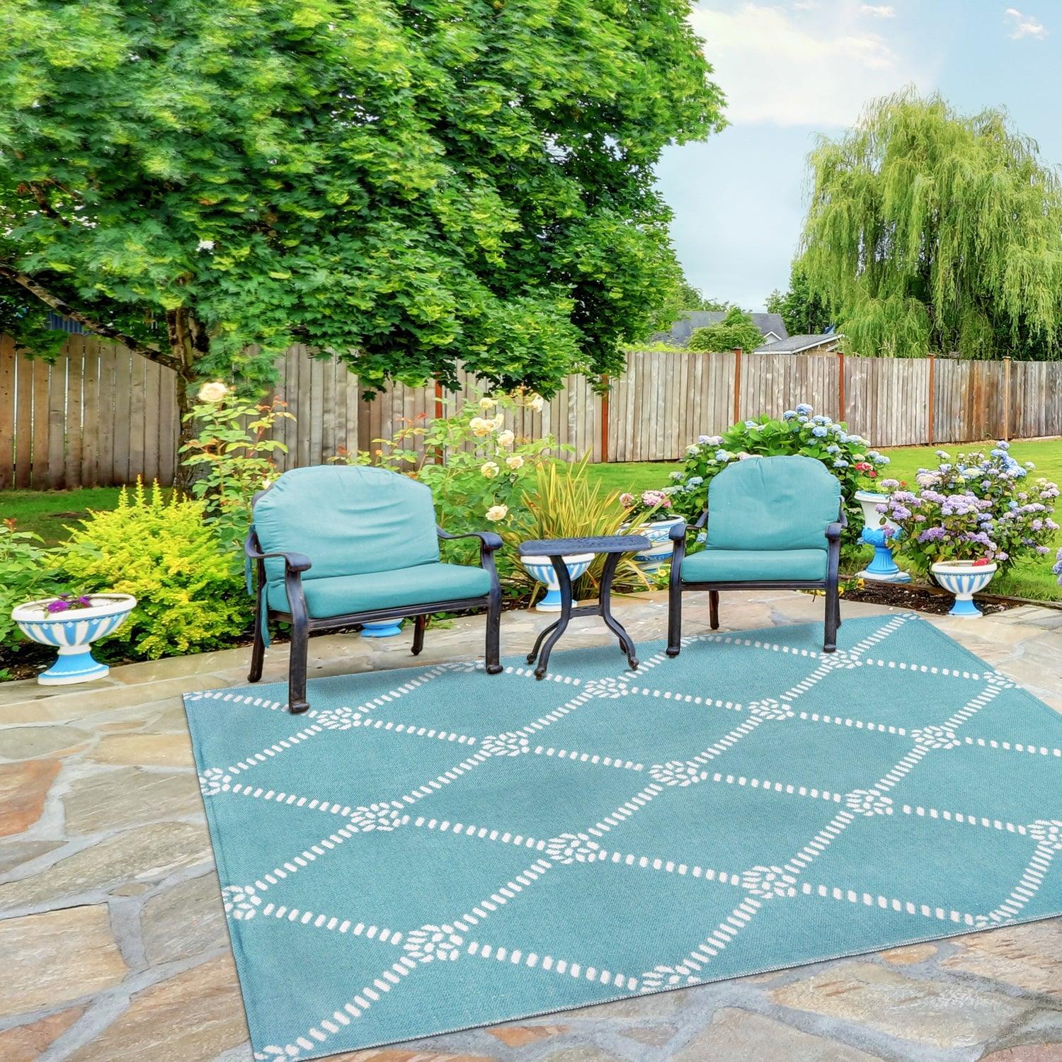 Superior Coastal Geometric Lattice Indoor Outdoor Luxurious Area Rug - Turquoise