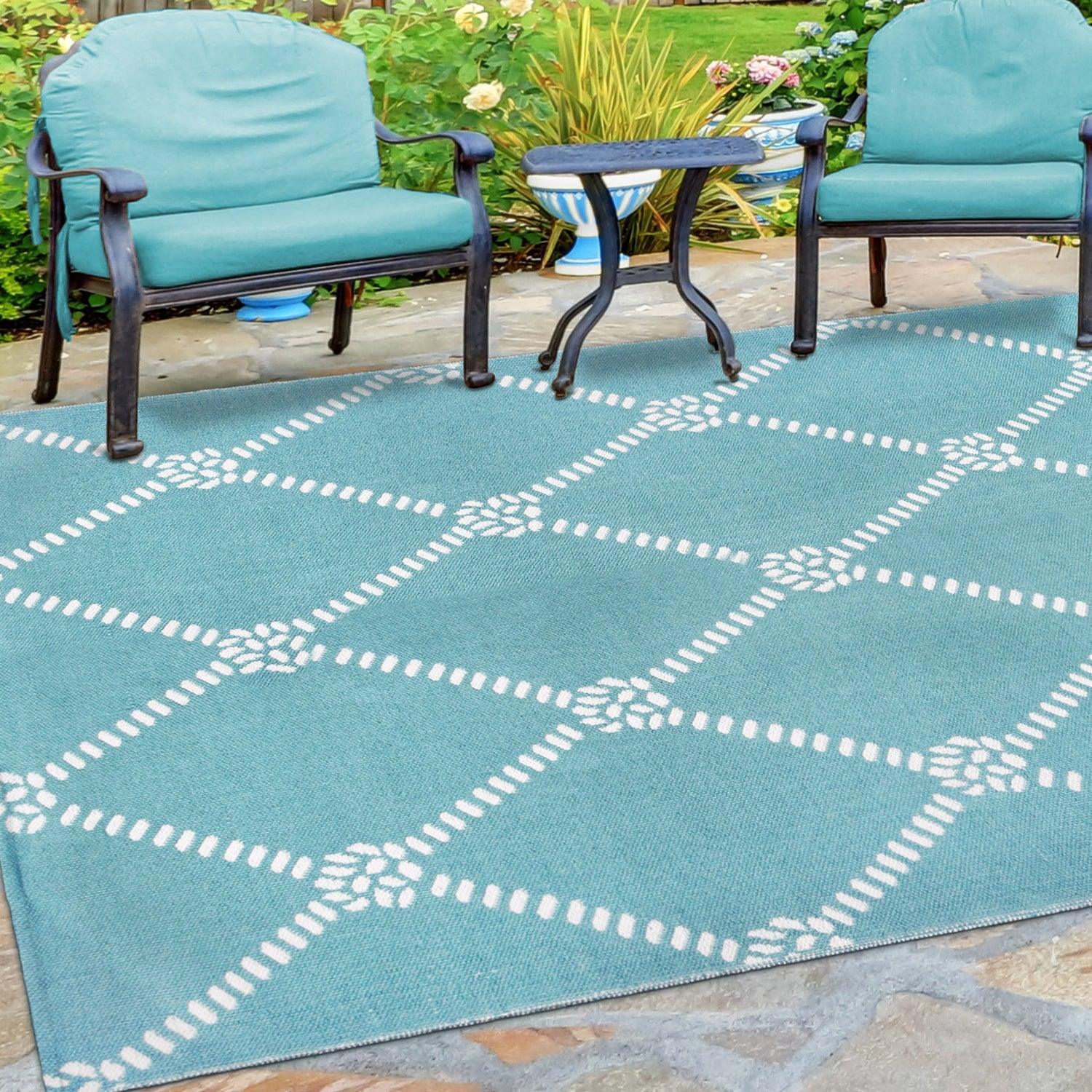 Superior Coastal Geometric Lattice Indoor Outdoor Luxurious Area Rug - Turquoise