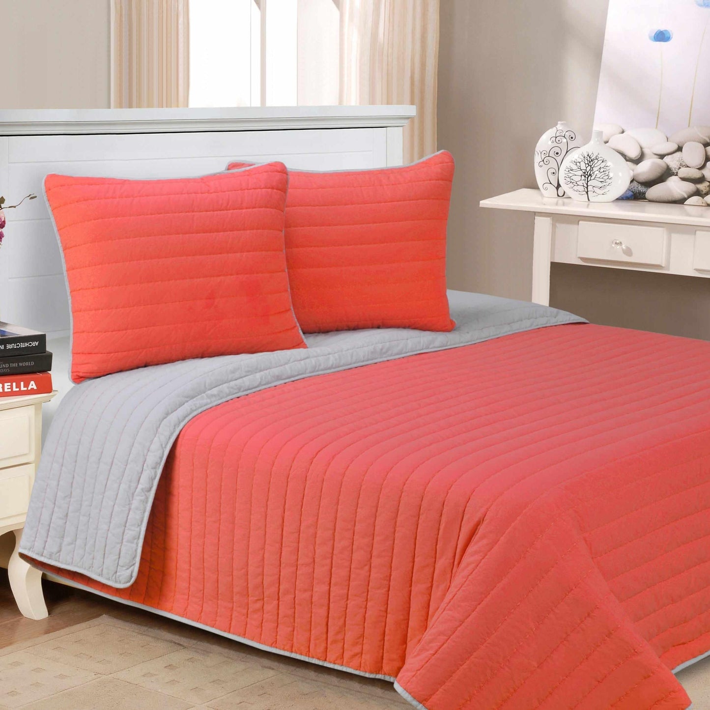 Brandon Solid Cotton Reversible Breathable Quilt and Sham Set
