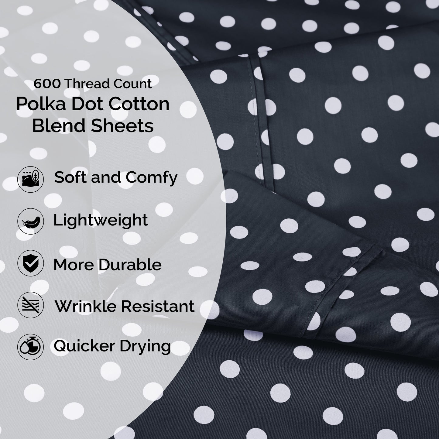 600 Thread Count Cotton Blend Polka Dot Luxury Deep Pocket Retro Bed Sheet Set - Black