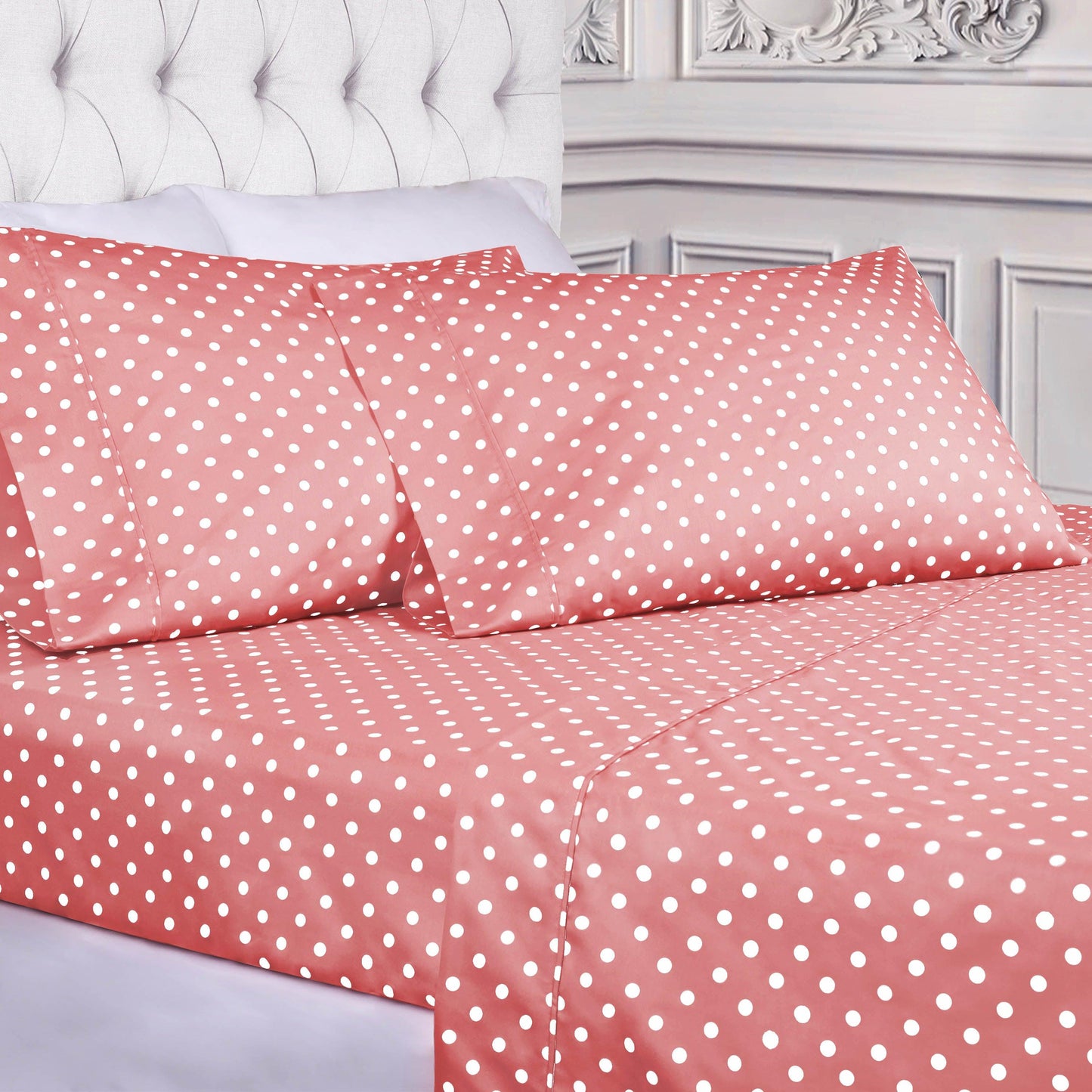 600 Thread Count Cotton Blend Polka Dot Luxury Deep Pocket Retro Bed Sheet Set - Pink