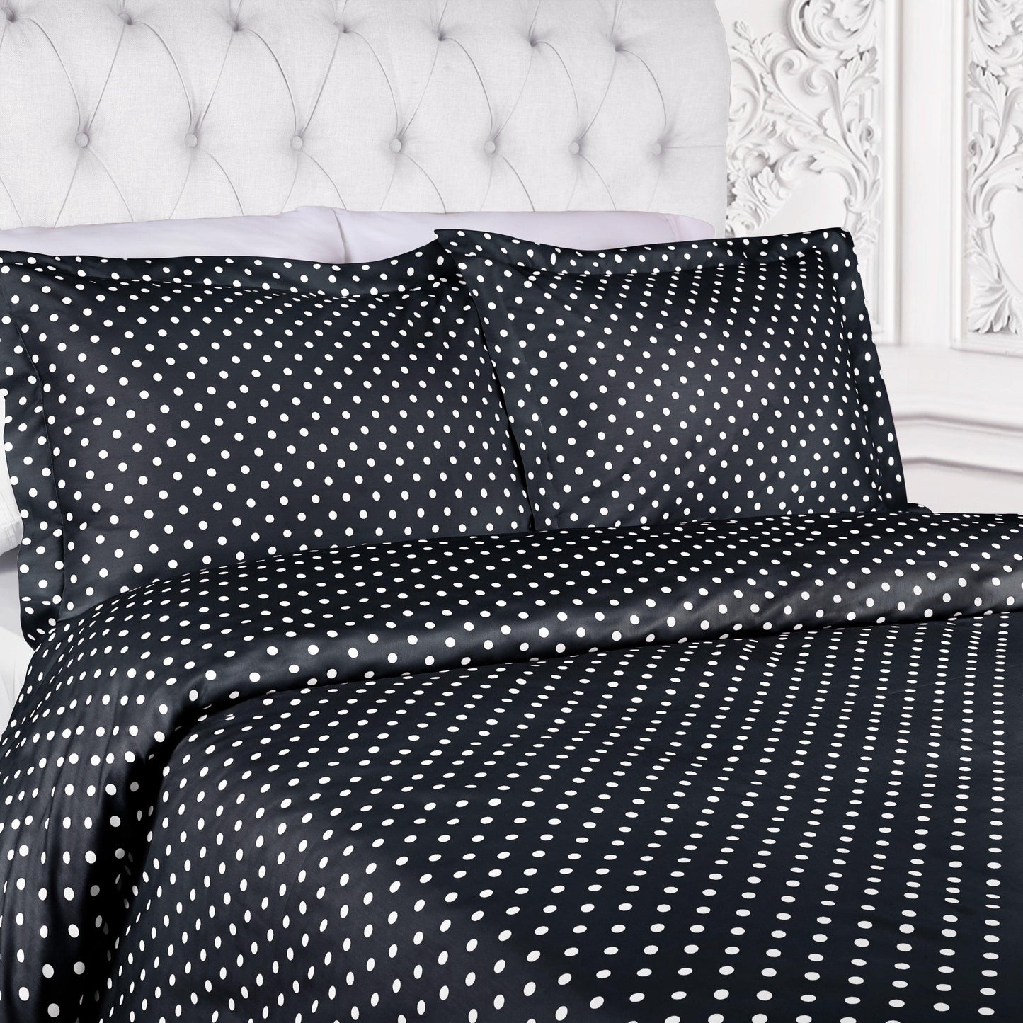 Superior Cotton Blend Polka Dot Luxury Plush Duvet Cover Set - Black