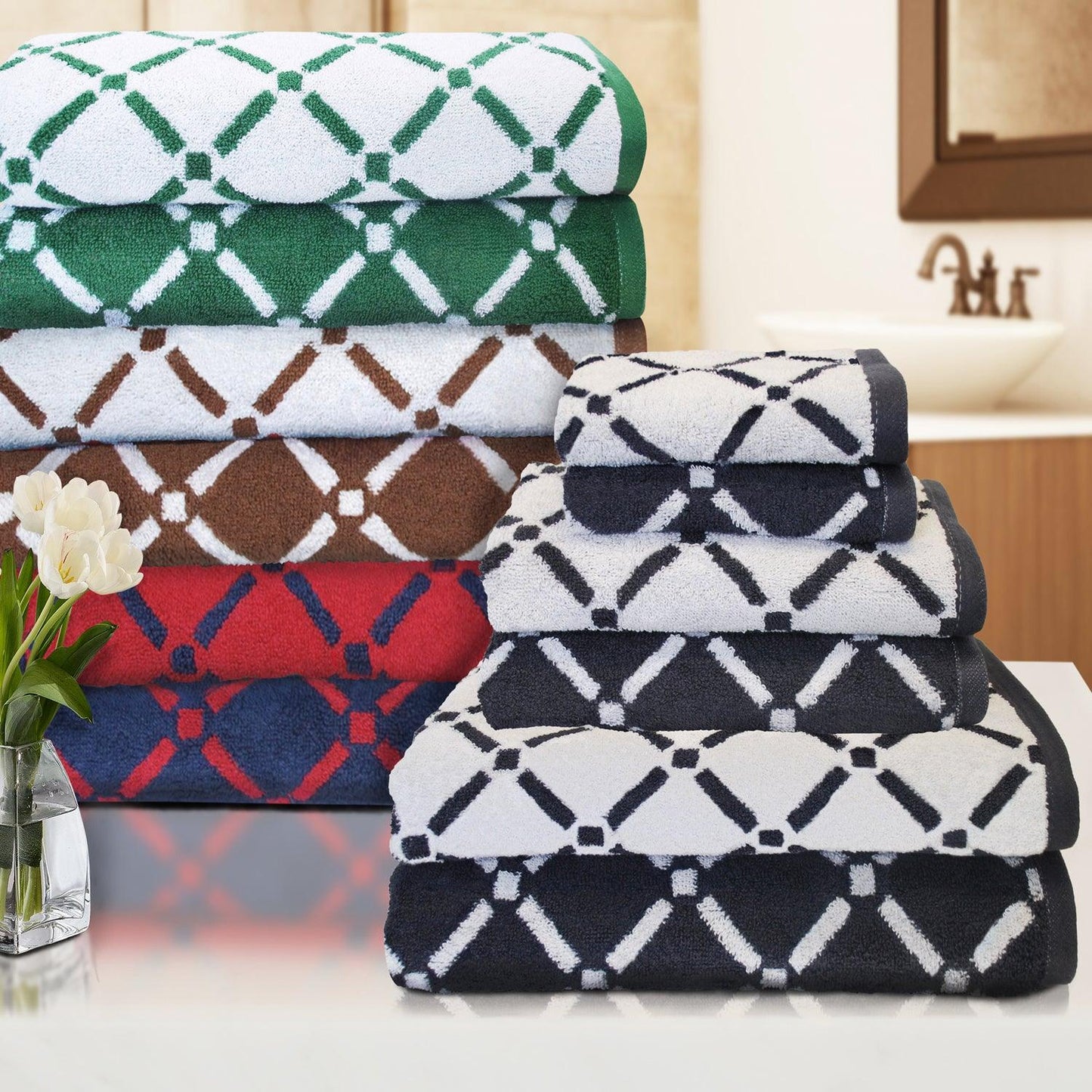 Reversible Diamond Cotton 6-Piece Bath Towel Set - Hunter Green/Cream