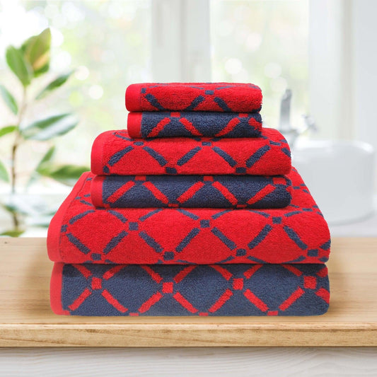 Reversible Diamond Cotton 6-Piece Bath Towel Set - Red/Navy Blue