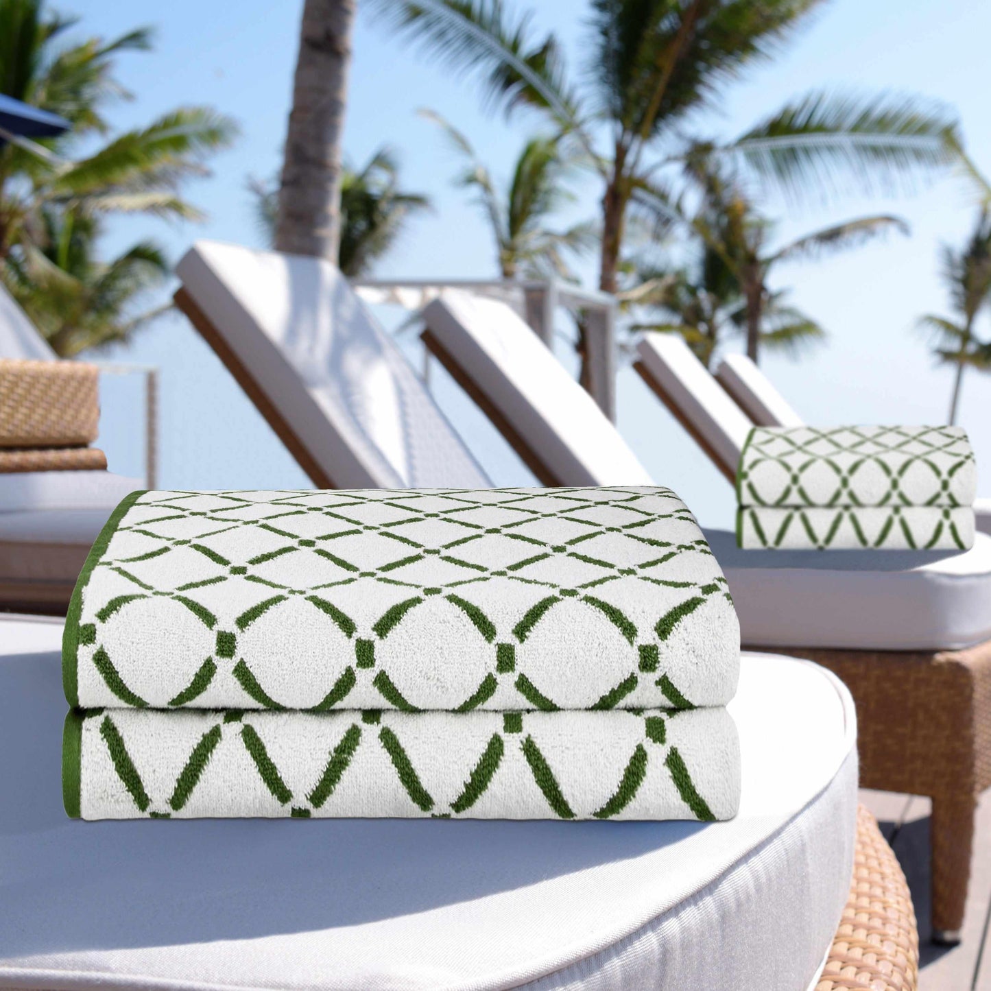 Reversible Diamond Cotton 2-Piece Bath Sheet Set - Hunter Green/Cream