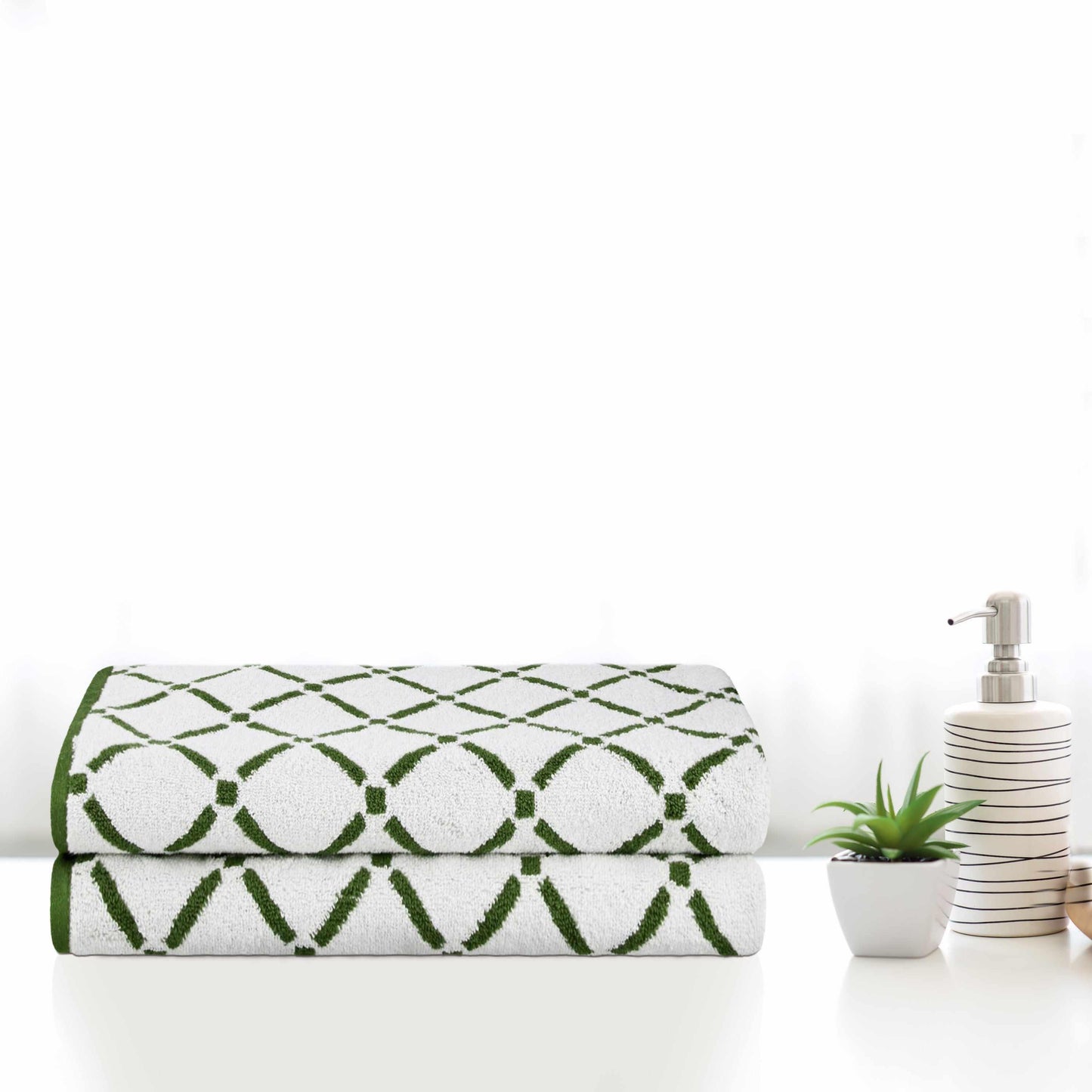 Reversible Diamond Cotton 2-Piece Bath Towel Set -  Hunter Green/Cream
