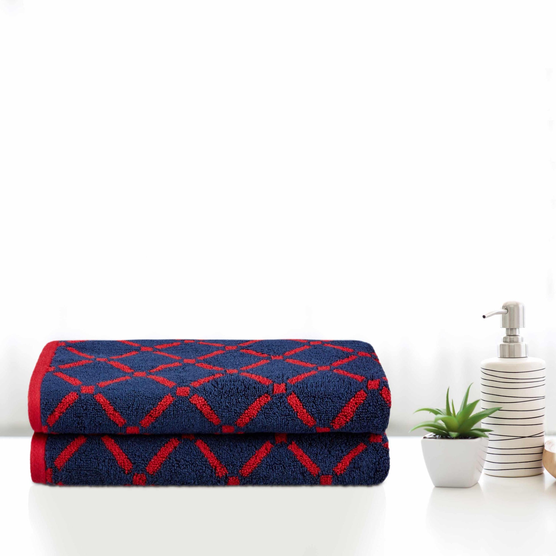 Reversible Diamond Cotton 2-Piece Bath Towel Set - Red/Navy Blue