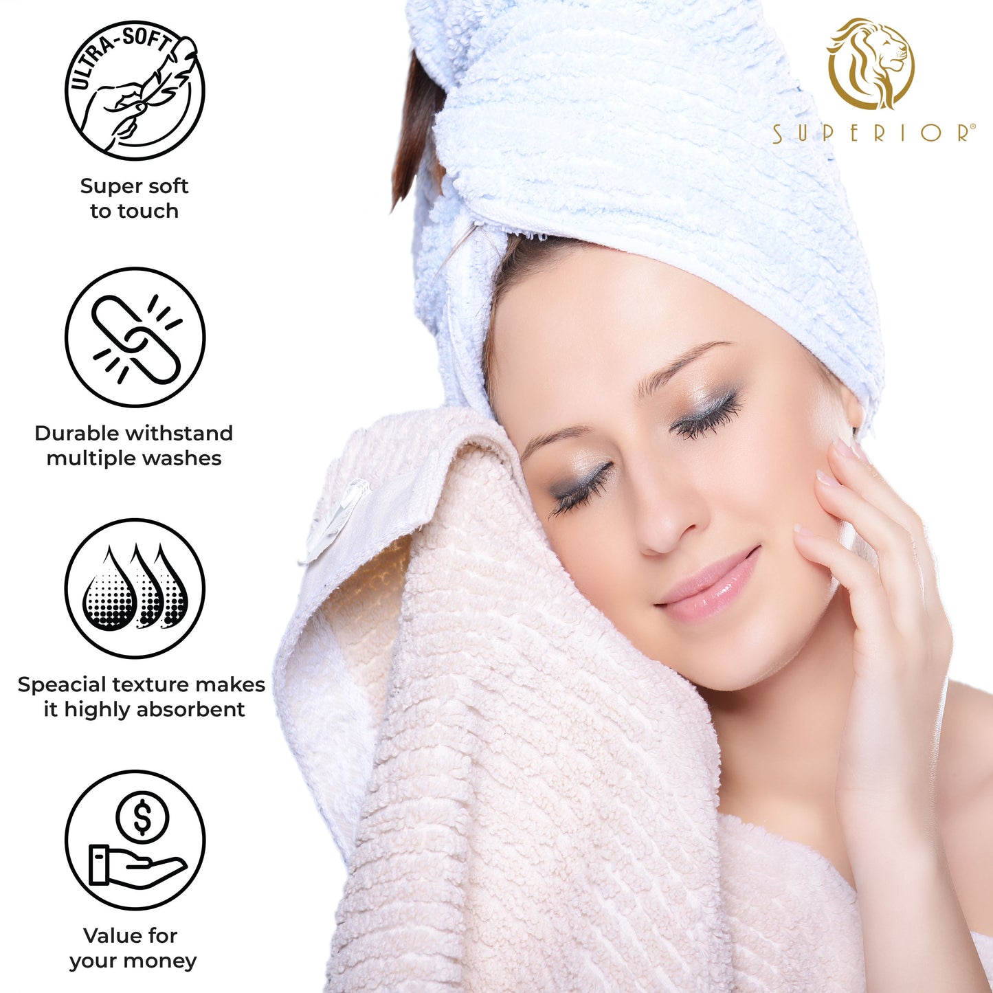 Superior Soho Ribbed Textured Cotton Ultra-Absorbent Bath Sheet & Bath Towel Set - White
