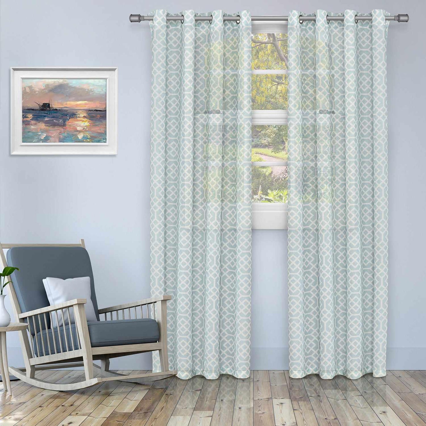 Printed Honey Comb Sheer Curtain Panel Set with Grommet Top Header
