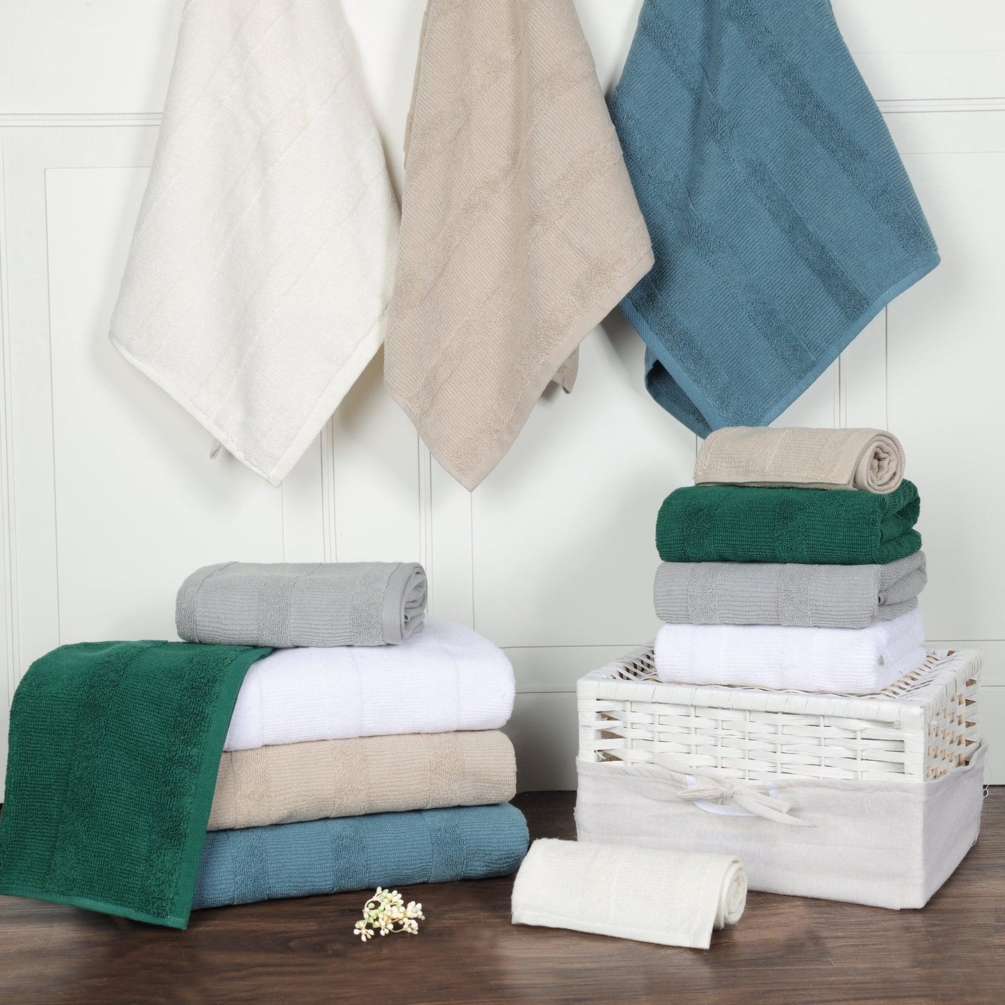 Ribbed Cotton Medium Weight 6 Piece Bath Towel Set -White