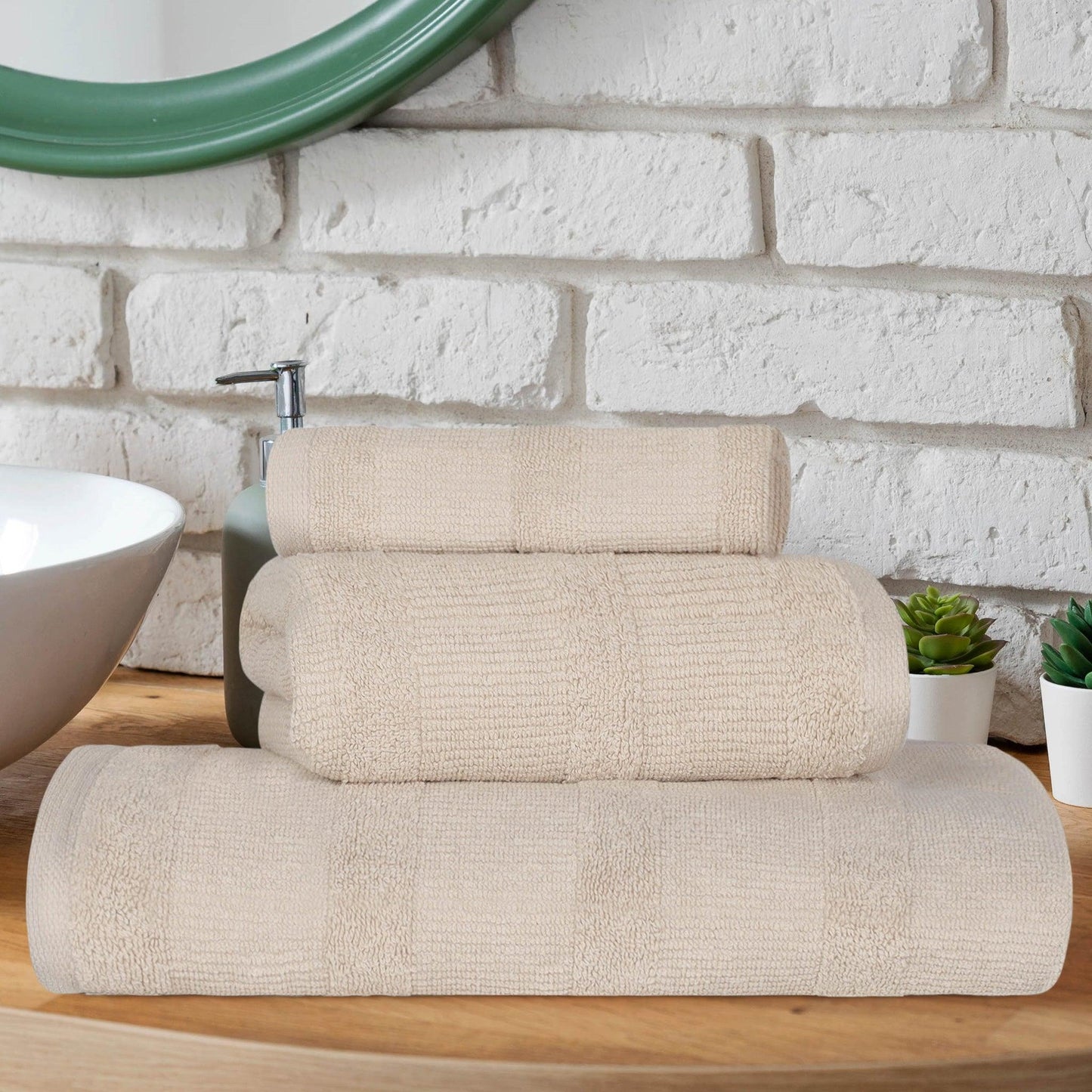 Ribbed Turkish Cotton 3-Piece Solid Quick-Dry Assorted Highly Absorbent Towel Set - Stone