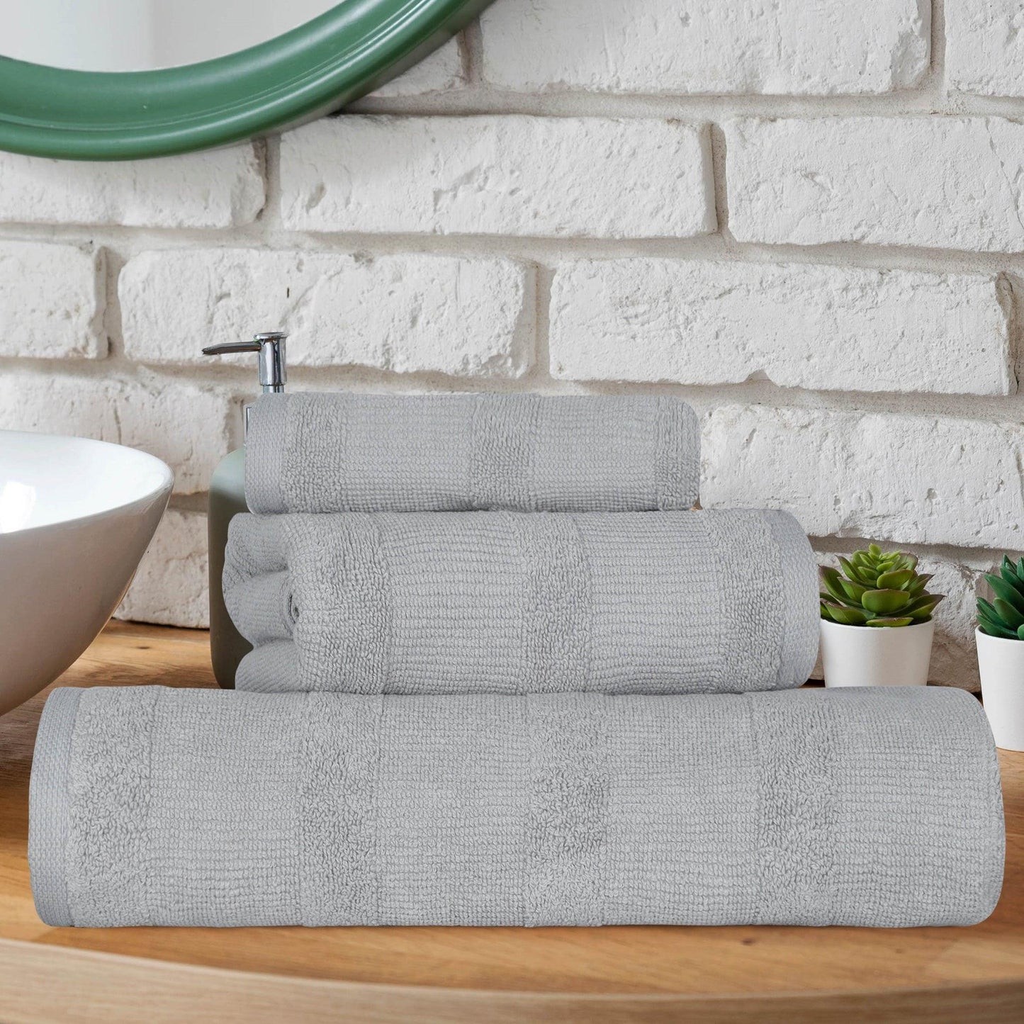 Ribbed Turkish Cotton 3-Piece Solid Quick-Dry Assorted Highly Absorbent Towel Set - Silver